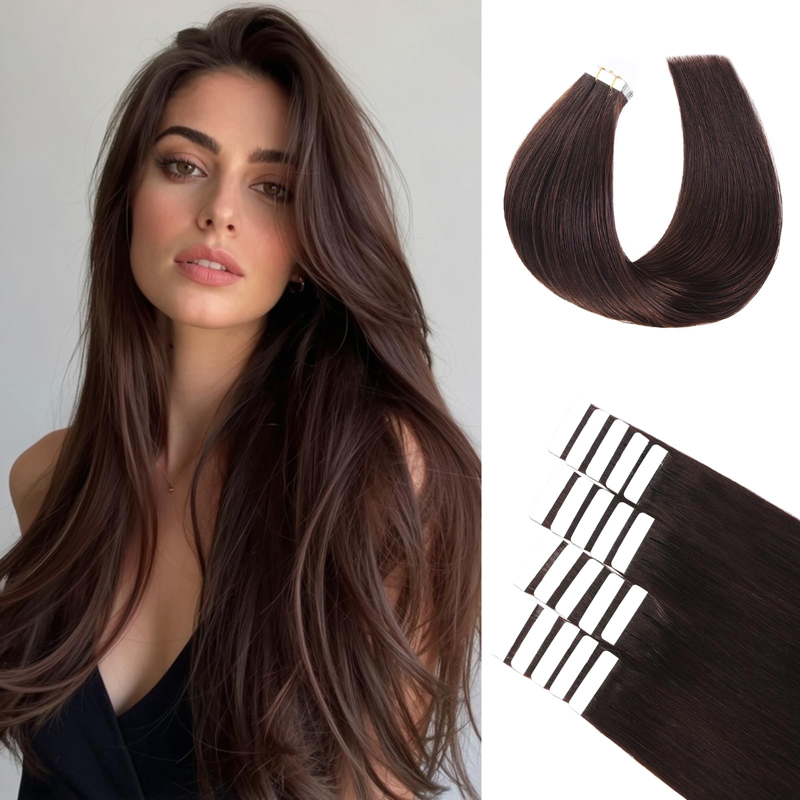 BLONDE UNICORN Extension Capelli Veri Biadesivo 20pcs 35cm Extension Biadesive Capelli Veri Marrone scuro Invisibile Estensione Capelli Veri Tape in Human Hair 40g(14inch,2#)