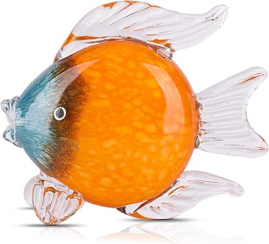 LCCCK Large Glass Fish Figurines Hand Blown Glass Fish Statue and Sculpture Home Decor, Murano Animal Tropical Sea Glass Paperweights for Desk, Glass Aquarium Coastal Beach Decorative Orange