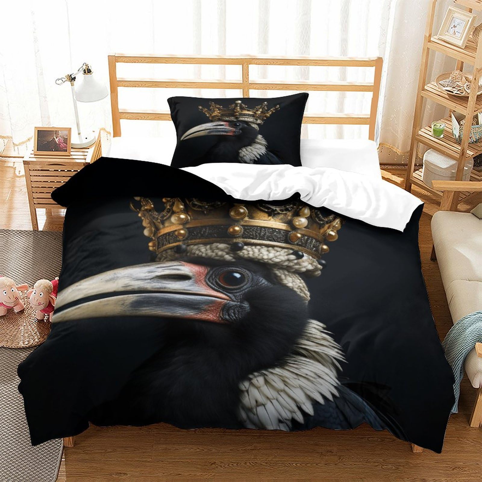P1S9U7W5Y 3D Printed Black Hornbill Crown Duvet Cover Set 3pcs Microfiber Bird Bedding Set Single