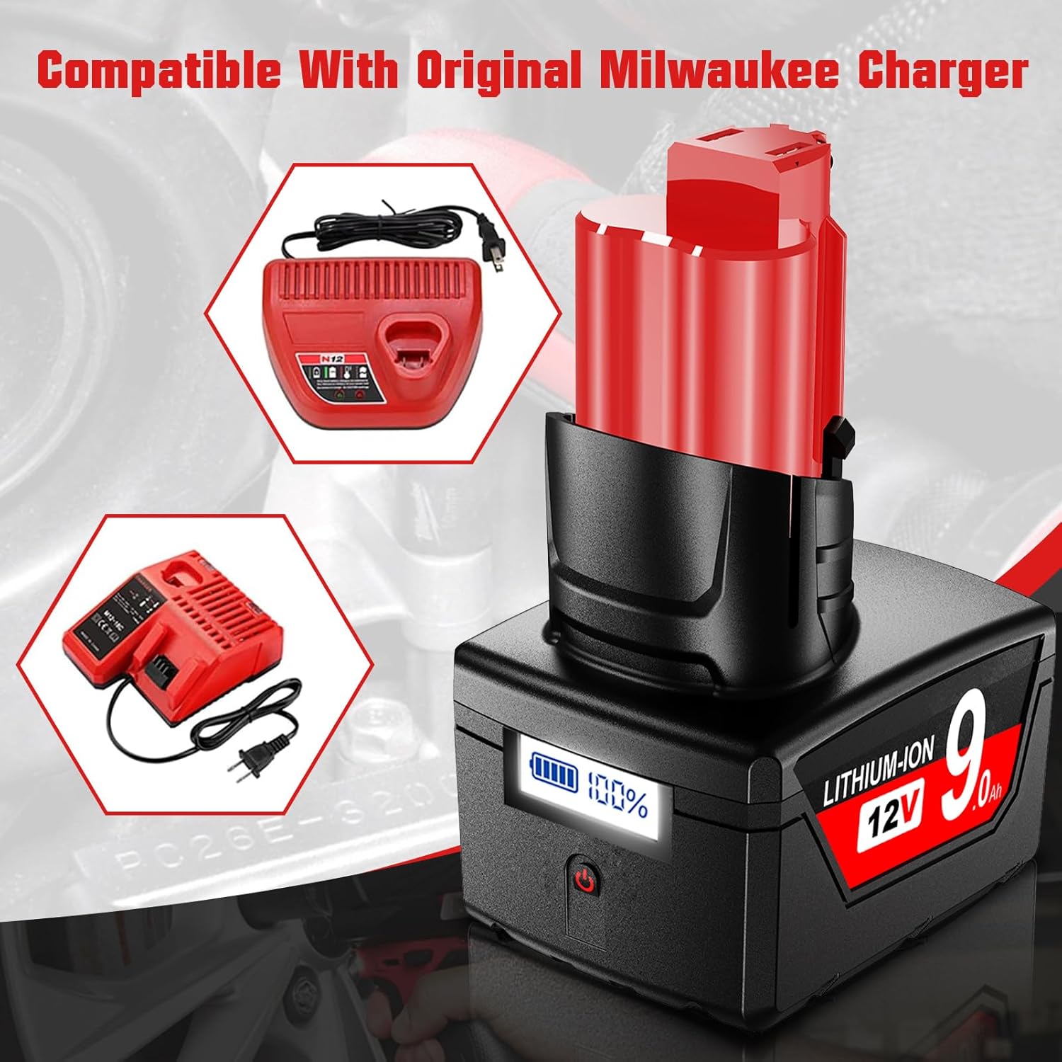 BATTOOL Upgraded【LCD Display】 12V 9.0Ah Battery Replacement for Milwaukee M12 Battery Compatible with Milwaukee 12V Power Tools and Chargers 48-11-2411 48-11-2412 48-11-2420 48-11-2440, 2Pack