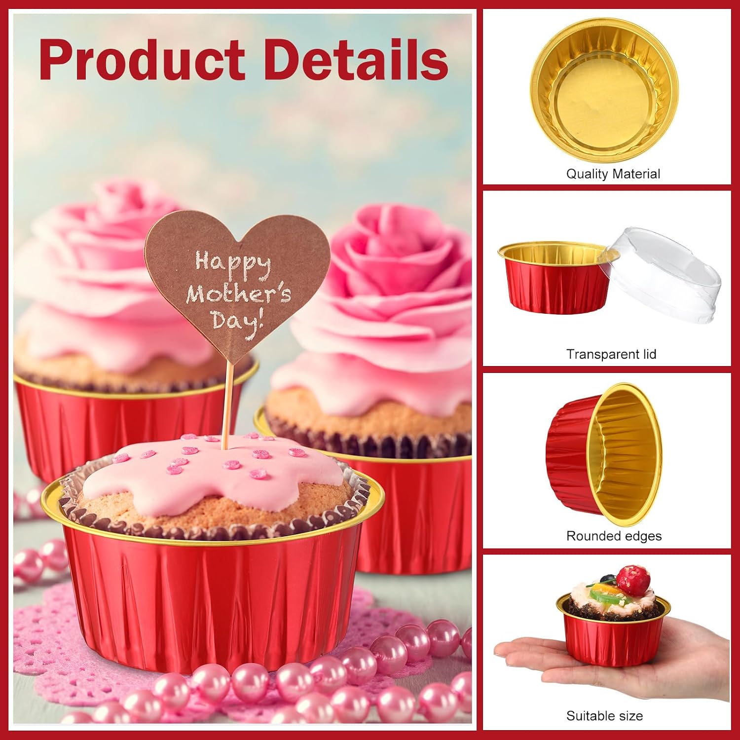 200 Pack Aluminum Cupcake Liners with Lids,Red Gold,Plain image 2