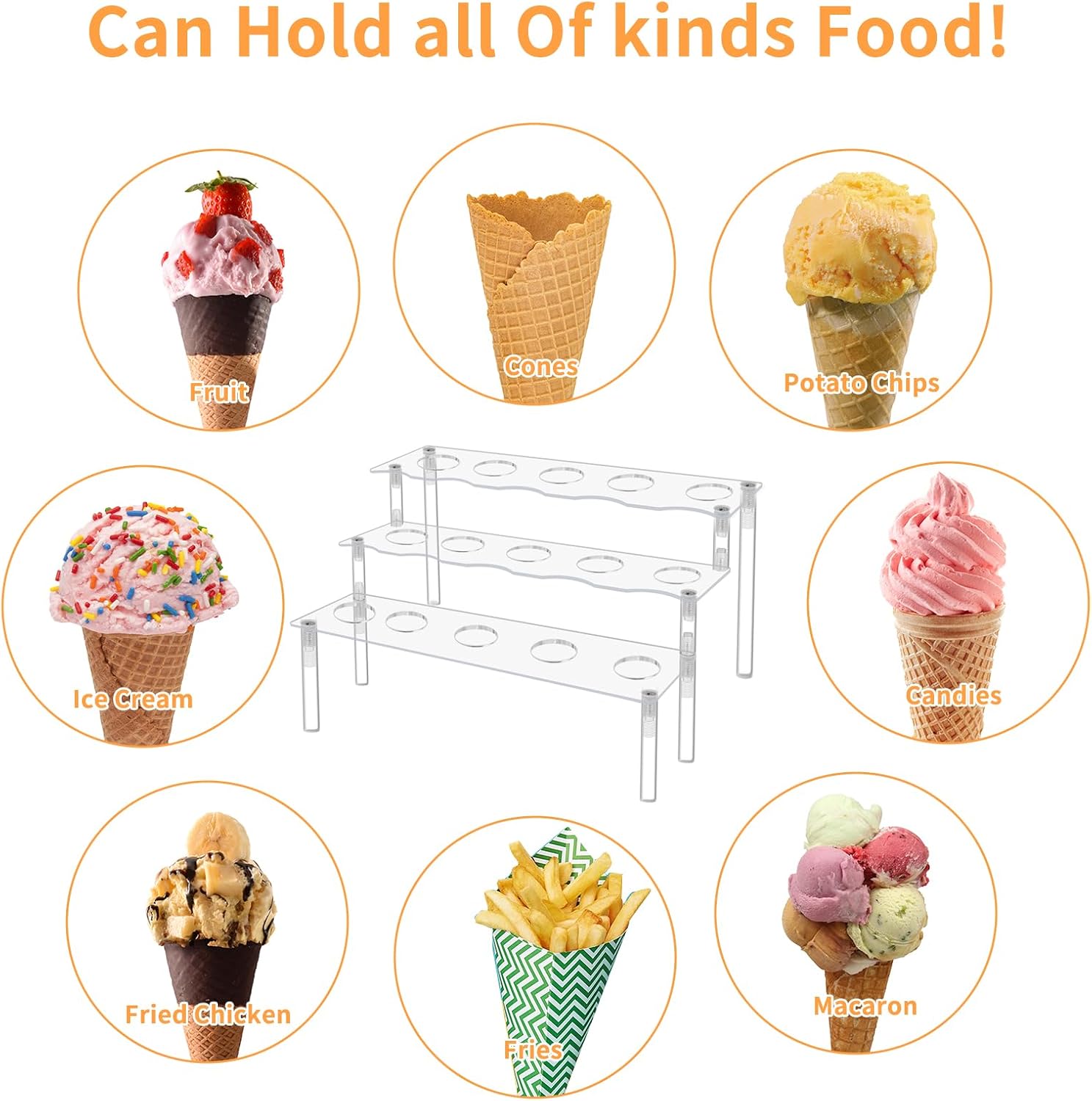 Ice Cream Cone Holder, 3 Tier Acrylic Cupcake Stand, 15 Holes