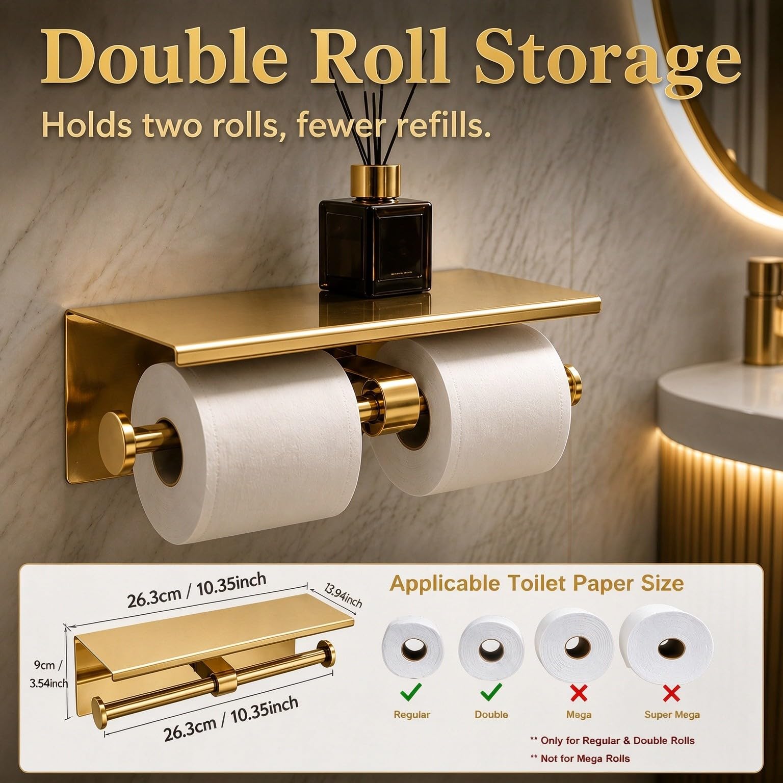 Toilet Paper Holder with Shelf, Stainless Steel, Holds 2 Rolls, Gold — Amazon image 3