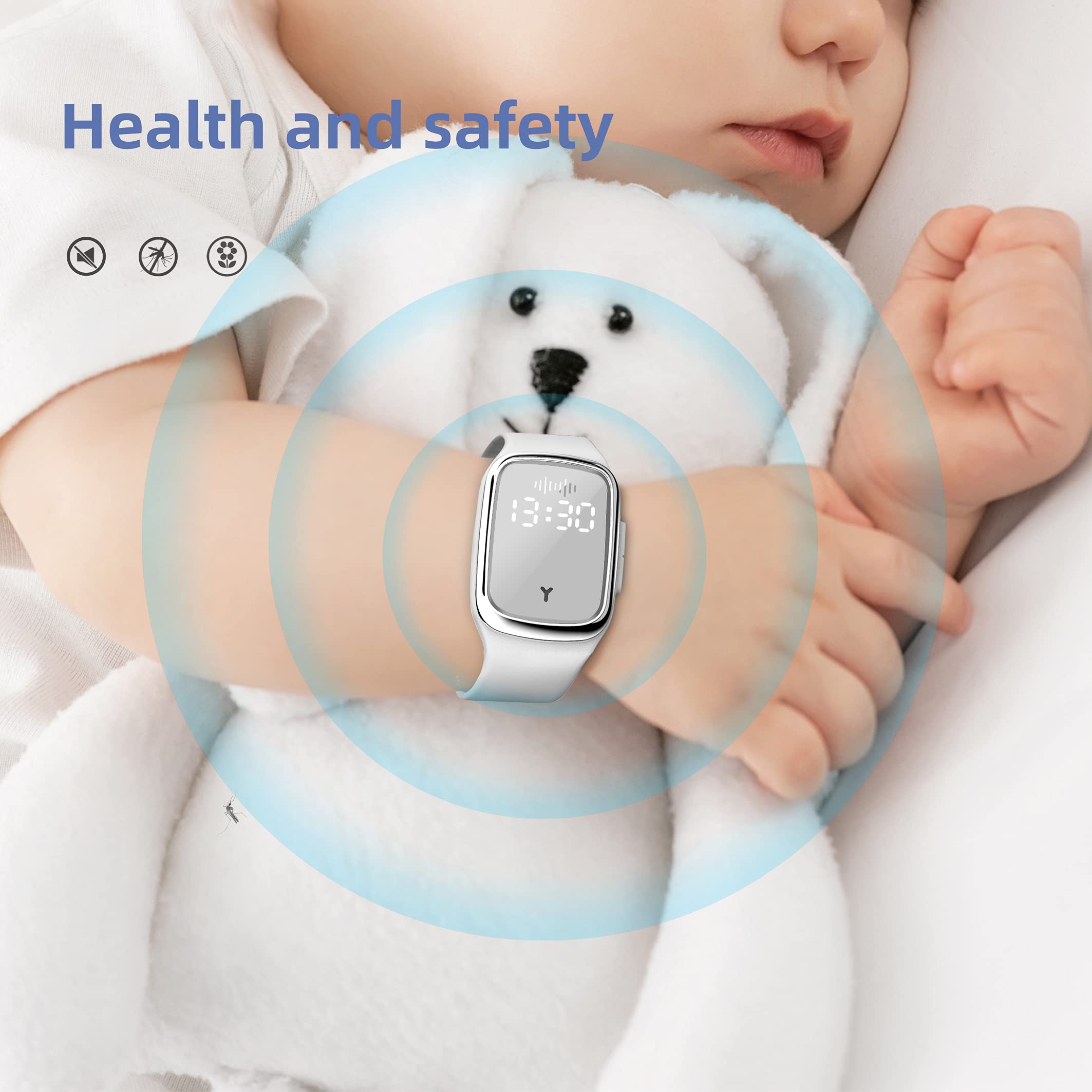 Pulsera repelente de mosquitos, pulsera ultrasónica repelente de mosquitos, reloj electrónico con función de reloj, recargable por USB, pulsera repelente de mosquitos (paquete de 2, blanco)