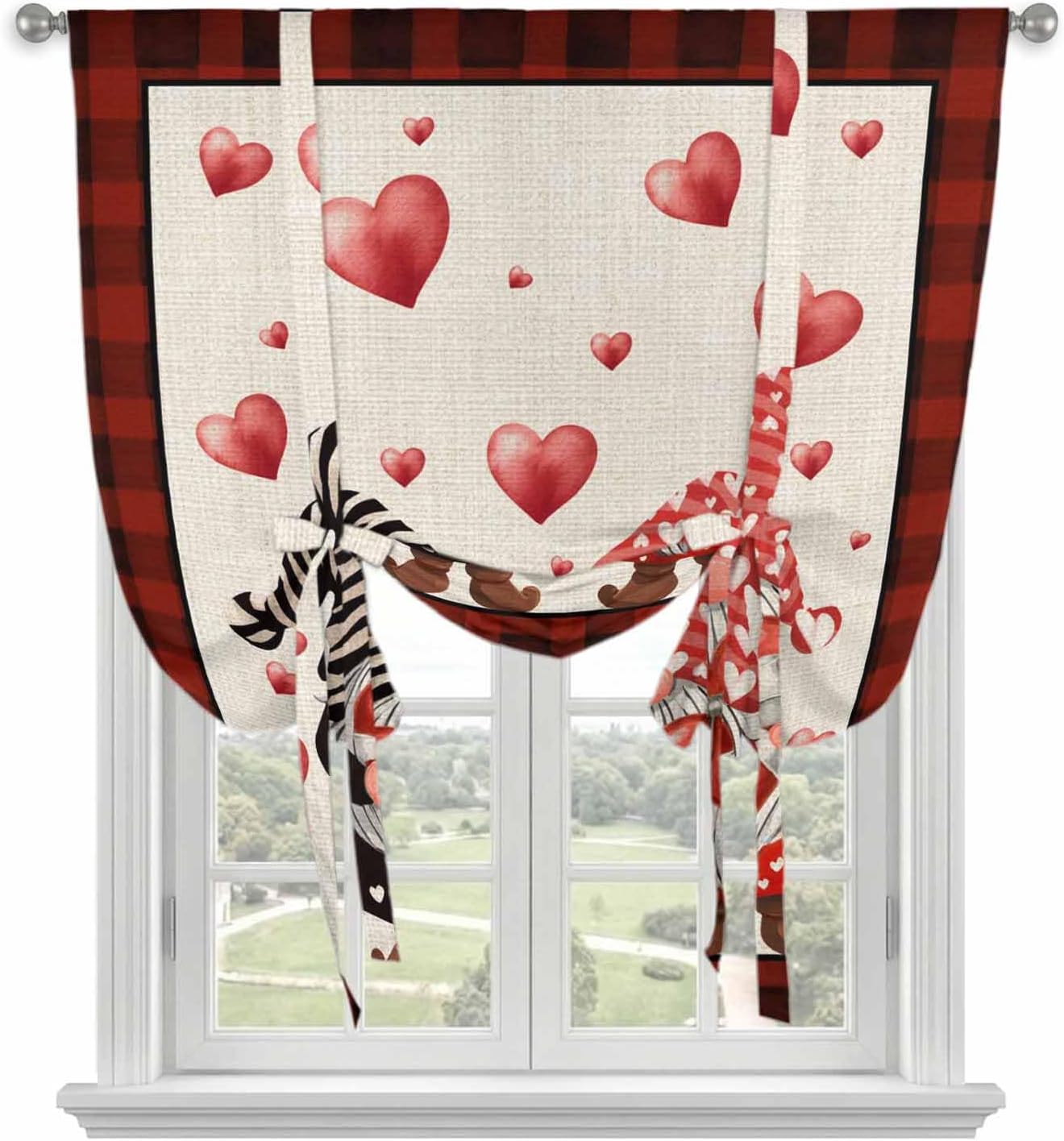 Valentine's Day Tie Up Curtains for Window, Love Gnomes Bow Red and Black Plaid Beige Thermal Insulated Balloon Shade Rod Pocket Curtains Valance Panels for Kitchen Bathroom Café 52'' x 45''