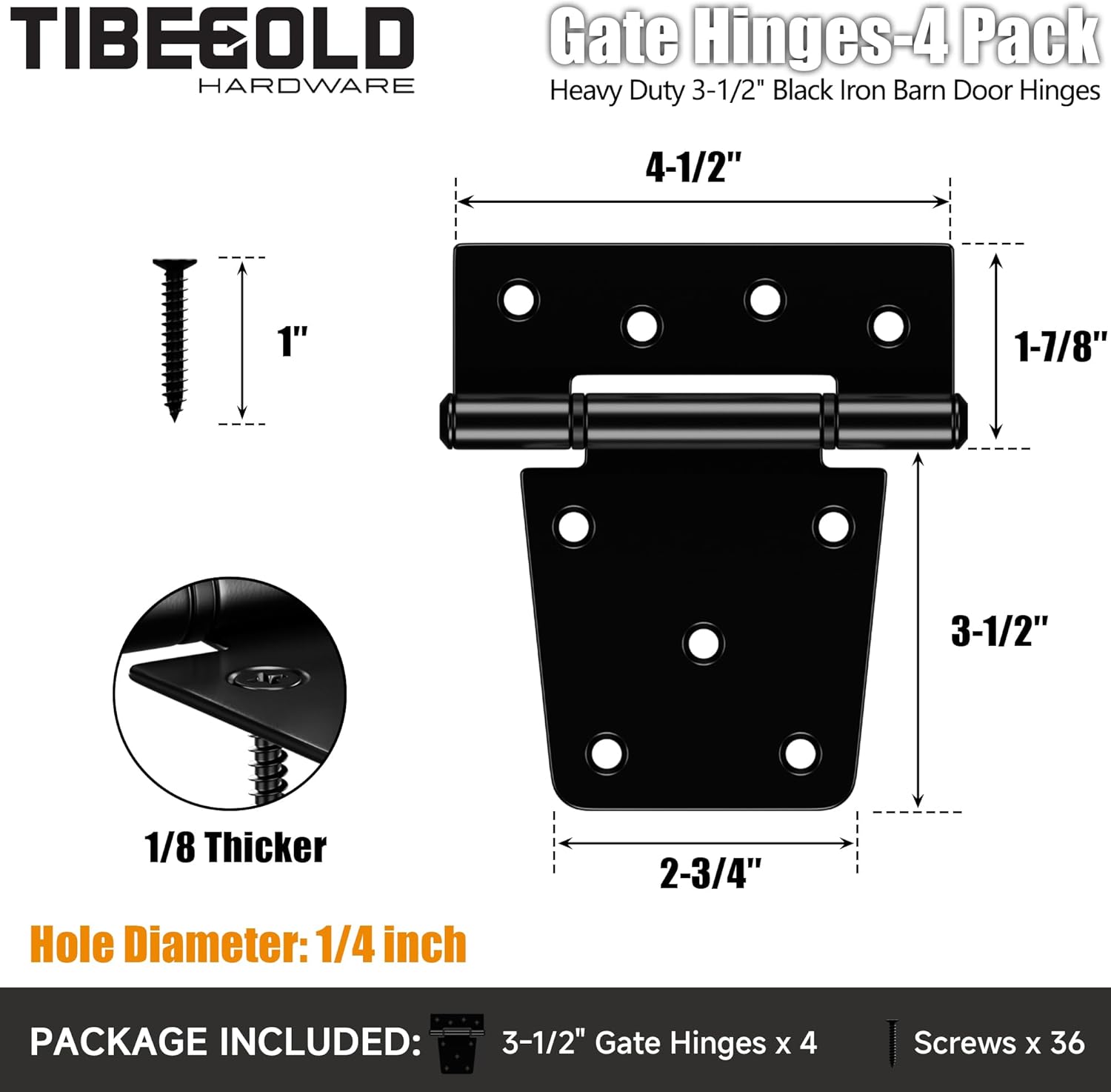 3-1/2 Inch Heavy Duty Gate Hinges, Black Iron Barn Door Hinges, Gate Strap Hinge with Extra-Long Screws, T Hinges for Wooden Fences Yard Gate Shed Barn Door, 4 Pack