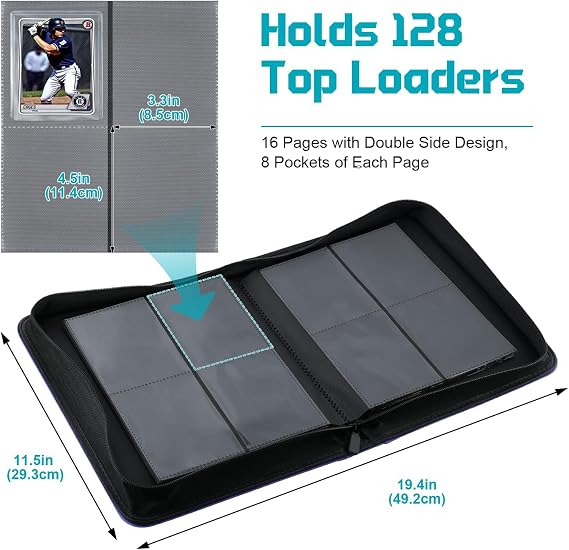 WITHYU Top Loader Binder for 3x4 Toploaders - 4 Pocket Holds 128 Cards Side-Loading Pages, Zippered Premium Binder for MTG, TCG, Football & Sports Cards (Aqua Blue)