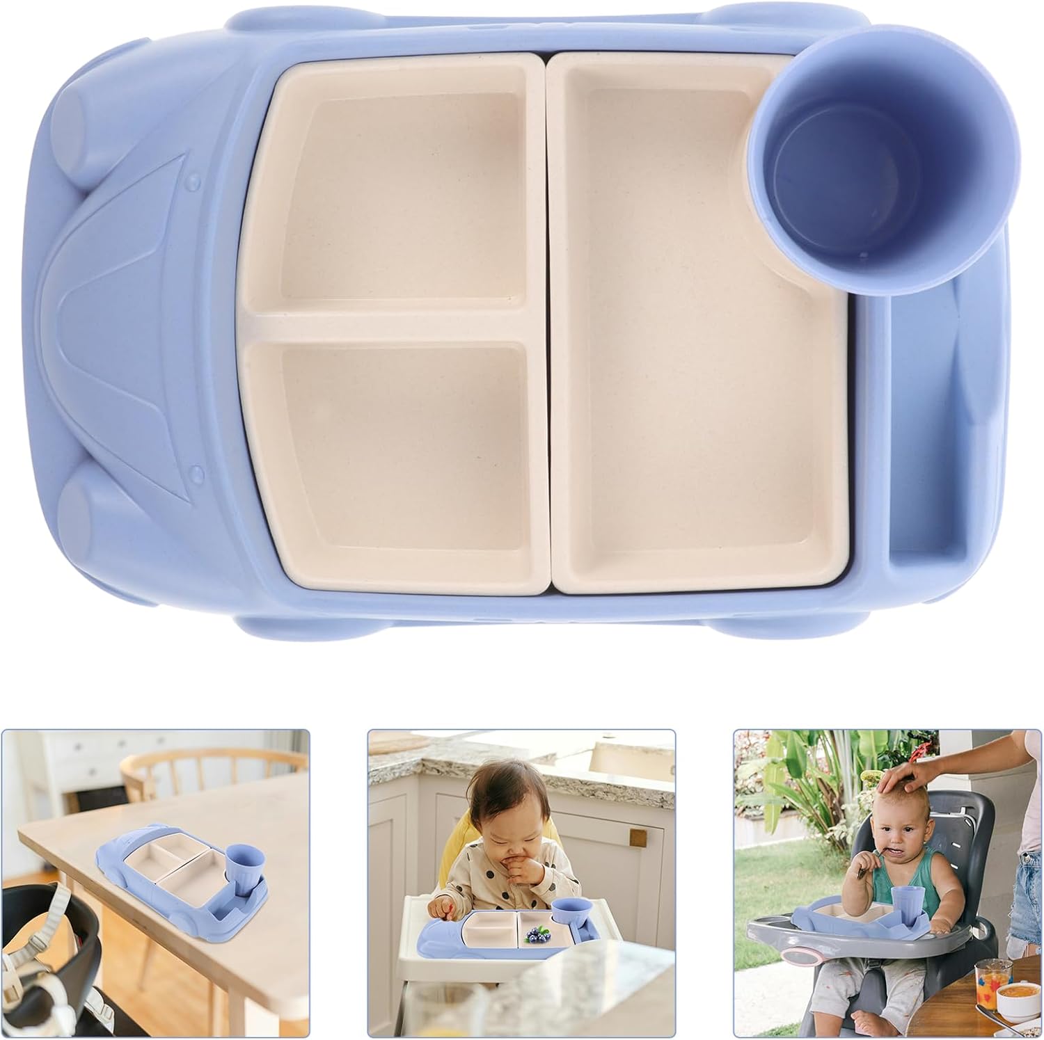 Toyvian Toddler Plate Divided Meal Tray, Car Shaped Plate Sections Dinner Dish with Cup Holder for Babies Kids Eating Food Grade Bamboo Fiber Platter for Child Blue