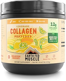Earth Fed Muscle Lemonade Collagen Peptides Powder – Grass Fed Hydrolyzed Collagen Peptides for Women & Men - Healthy Bones, Skin & Hair - Collagen Peptides Type 1 & 3 Protein Powder, 33 Servings