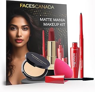 FACESCANADA Matte Mania Makeup Kit - Kajal (0.35g) + Lipstick (4.2g) + Compact (9g) + Mascara (9.5ml) + Beauty Blender Pack of 5 Makeup Kit For Women