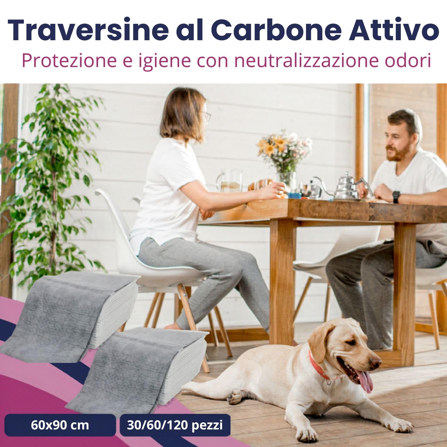 Mama Shop Traversine Perros 60 x 90 al carbón activo, 120 unidades, alfombrillas para adiestramiento de perros y gatos, higiénicas, desechables, antiolores con tecnología de polímeros activos súper