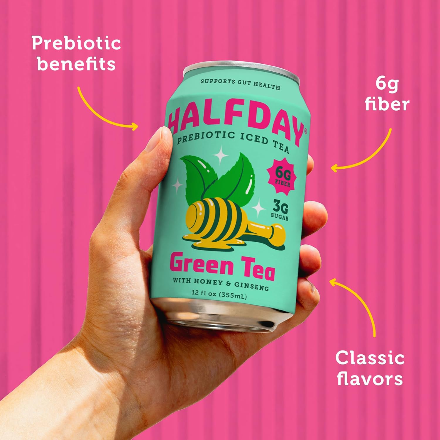 HALFDAY Prebiotic Green Tea with Honey & Ginseng, Supports Digestive & Gut Health, 6g Plant Fiber, Low Sugar, 30 Calories, Natural Caffeine, Gluten Free, 12 fl oz (12 pack) Packaging May Vary