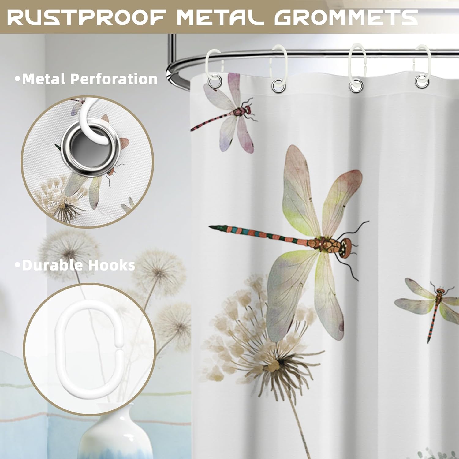 Tan Dandelion Shower Curtain Spring Dragonfly Light Brown and White Watercolor Shower Curtains for Bathroom Decor, Waterproof Cloth Fabric with Hooks 60" Wx72 L