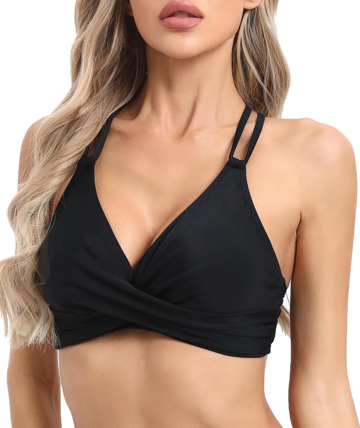 Womens Twist Front V Neck Bikini Top Push Up Padded Swim Top Swimsuit Lace Up Criss Cross Back Bathing Suits Tops - Image 5