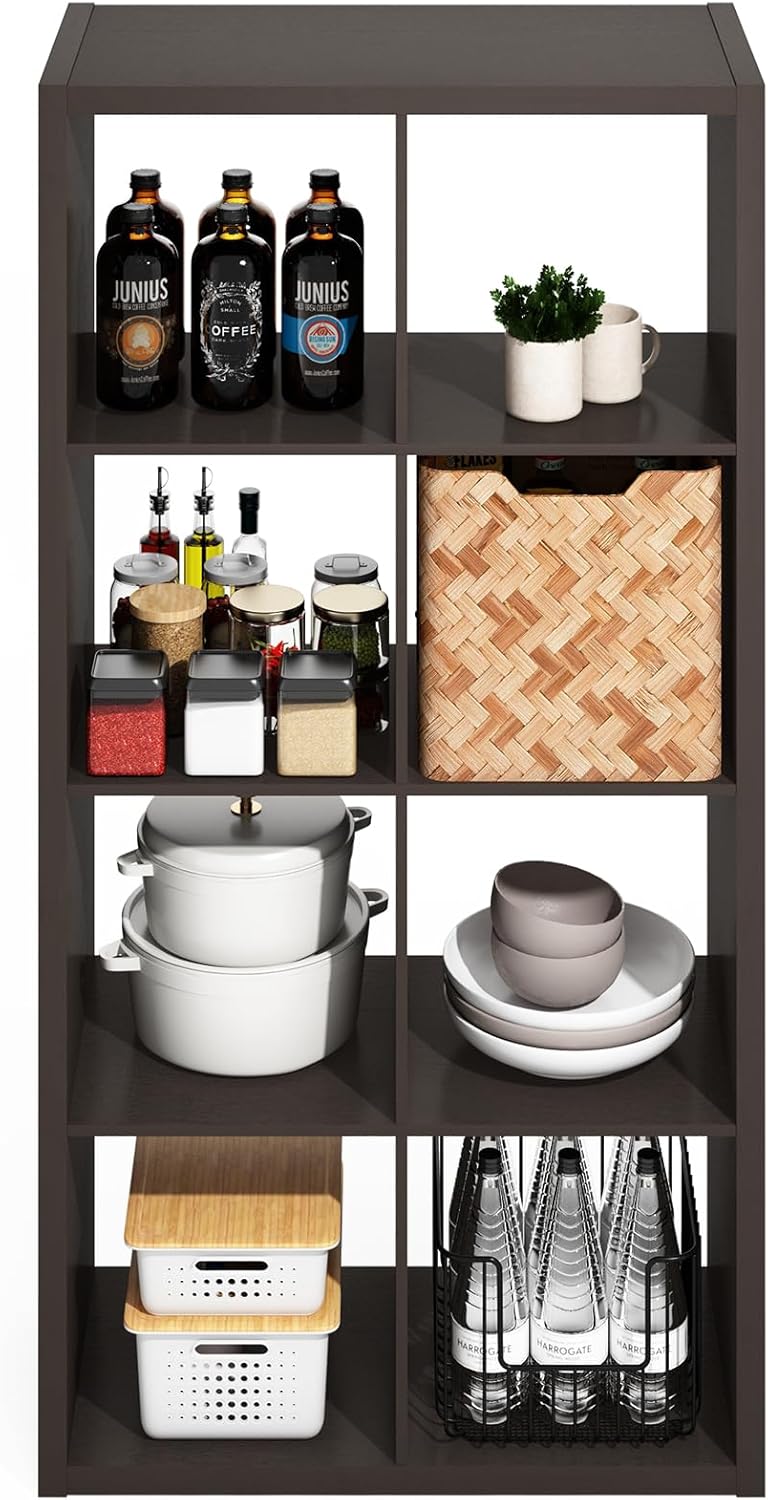Furinno HERMITE Kitchen Island, 8-Cube Coffee Bar, Kitchen Storage, Bakers Rack, for Pantry Organizers and Storage, Kitchen Organization, Black Oak