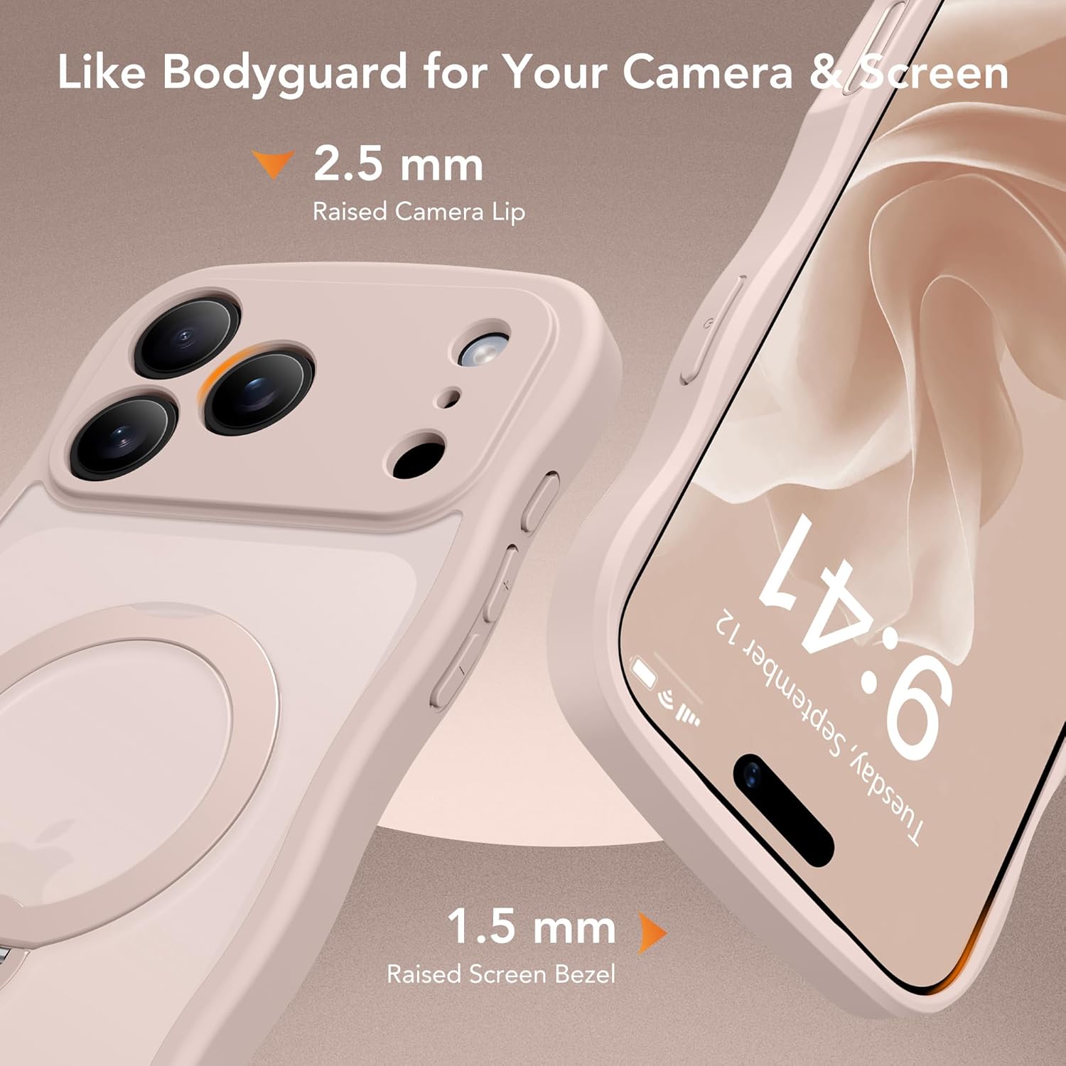 for iPhone 17 Pro Max Case for Women,[Compatible with Magsafe][360° Spin Magnetic Stand][Cute Wave Edge][Military-Grade Protection]Translucent Matte Phone Case for iPhone 17 Pro Max,Rose Gold