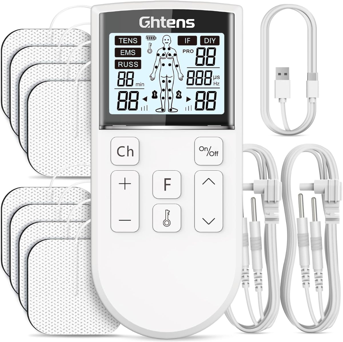 GHTENS Électrostimulateur Musculaire 5 en 1: TENS/EMS/If/Russ/DIY, Appareil de Stimulation Électrique Rechargeable, 80 Programmes, 2 Canaux, 8 Électrodes