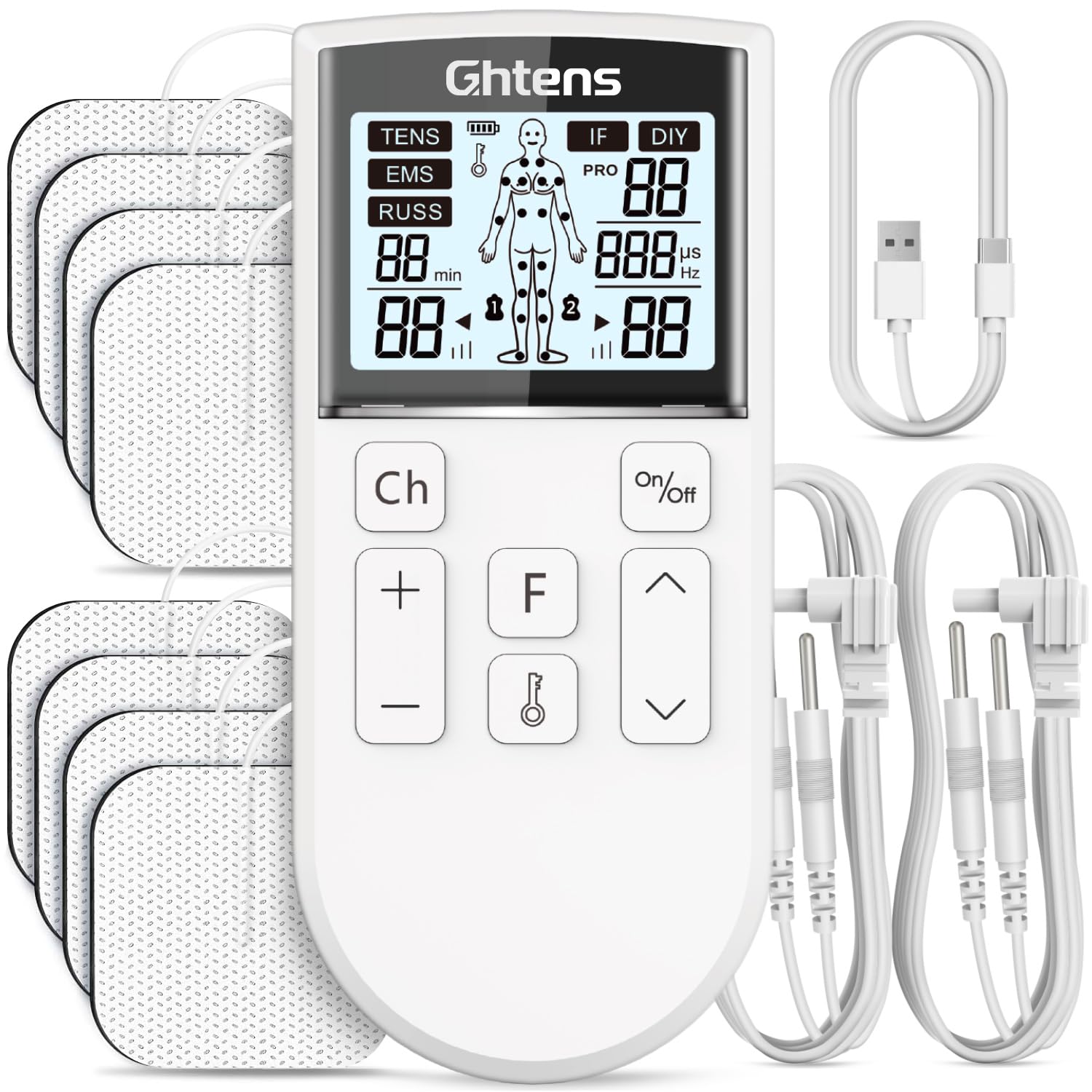GHTENS Électrostimulateur Musculaire 5 en 1: TENS/EMS/If/Russ/DIY, Appareil de Stimulation Électrique Rechargeable, 80 Programmes, 2 Canaux, 8 Électrodes