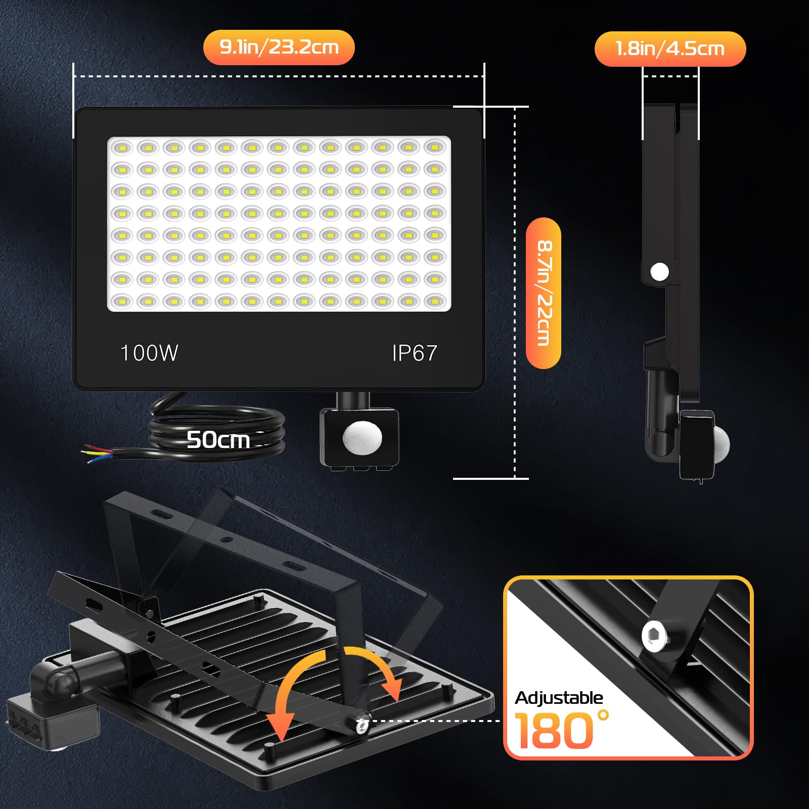 100W 10000LM Strahler mit Bewegungsmelder Aussen, 2 Stücke 104 LEDs Fluter Super Hell Kaltweiß LED Scheinwerfer 6500K, IP67 Wasserdicht Außenstrahler für Garten, Innenhöfe, Garage, Fahrbahn