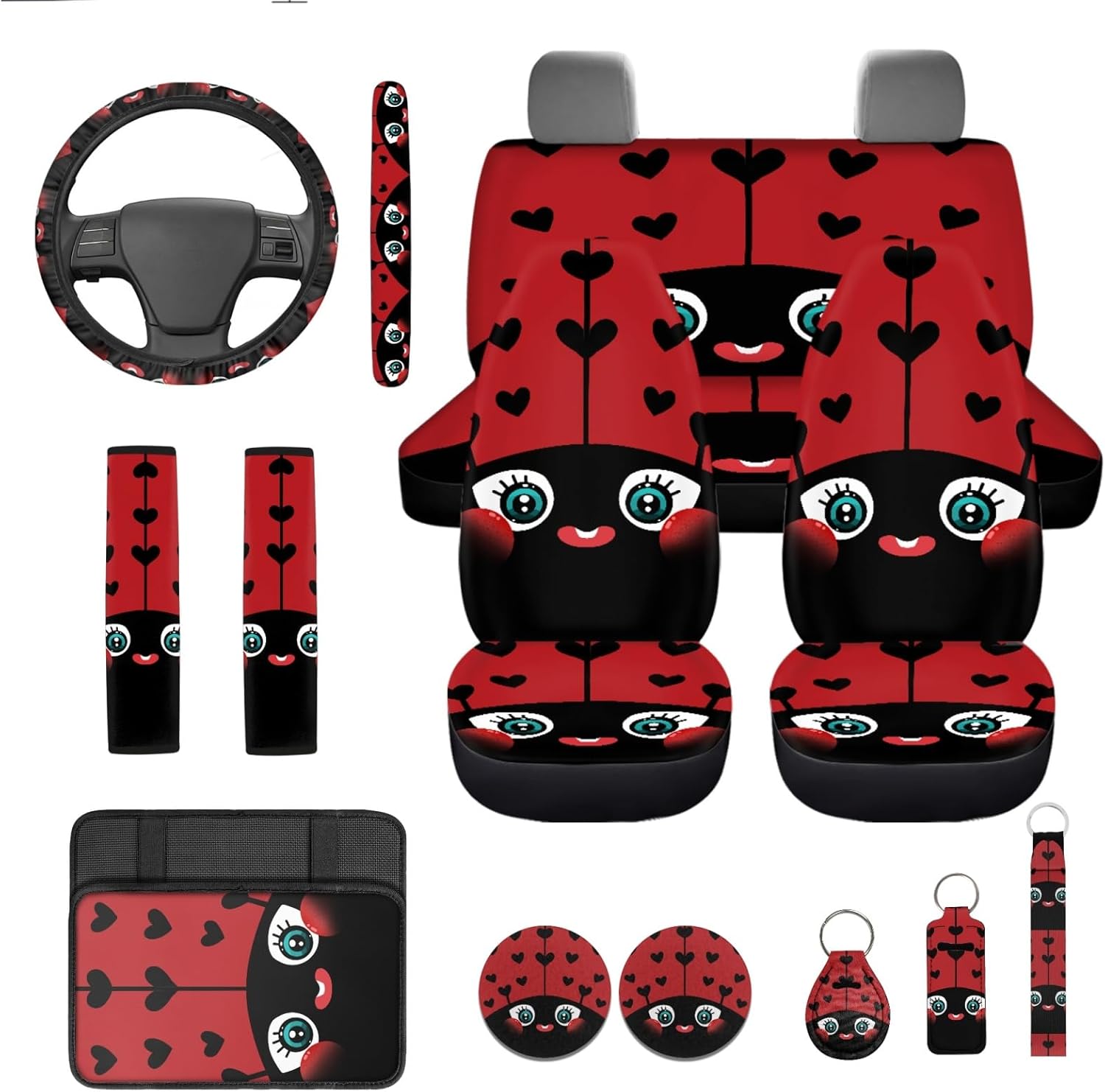 CLOHOMIN Hippie Flowers Aztec Auto Seat Cover Full Set of 13 Green Steering Wheel Cover Seat Belt Pads Armrest Cover Cup Holders Key Ring Car Accessories Set