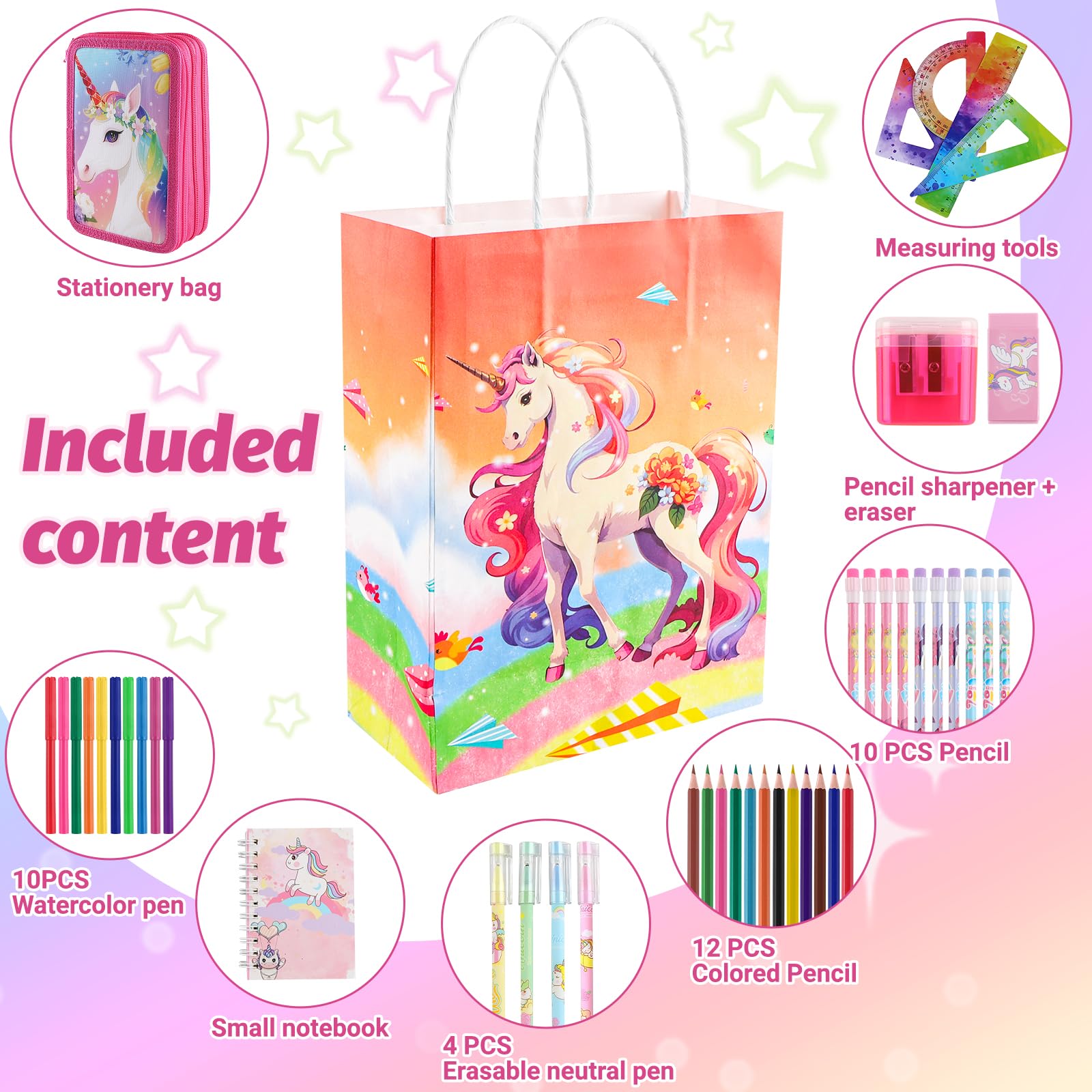 44 Teilen Federmäppchen Einheorne Set Einhorn Federmäppchen 3 Fächer Große Kapazität Mäppchen Mädchen mit Lineal,Wasserfarben,Federtasche Geschenk für Schule Kinder