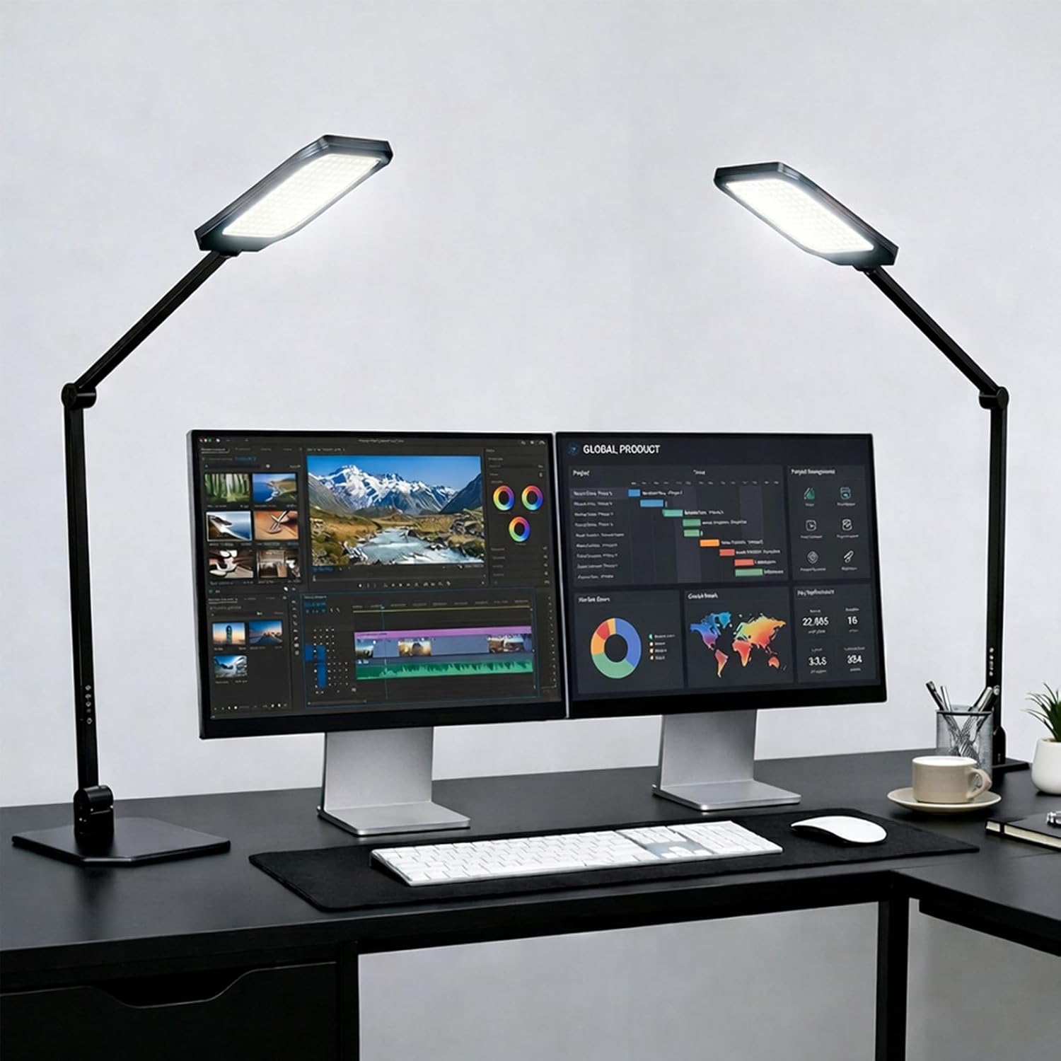 NS Desk Lamp 2 Pack for Home Office, LED Desk Lamp with Webcam Light for Video Calls, Dimmable 3000K-6500K Desk Light with Remote, Timer, Memory, Adjustable Swing Arm, CRI95+