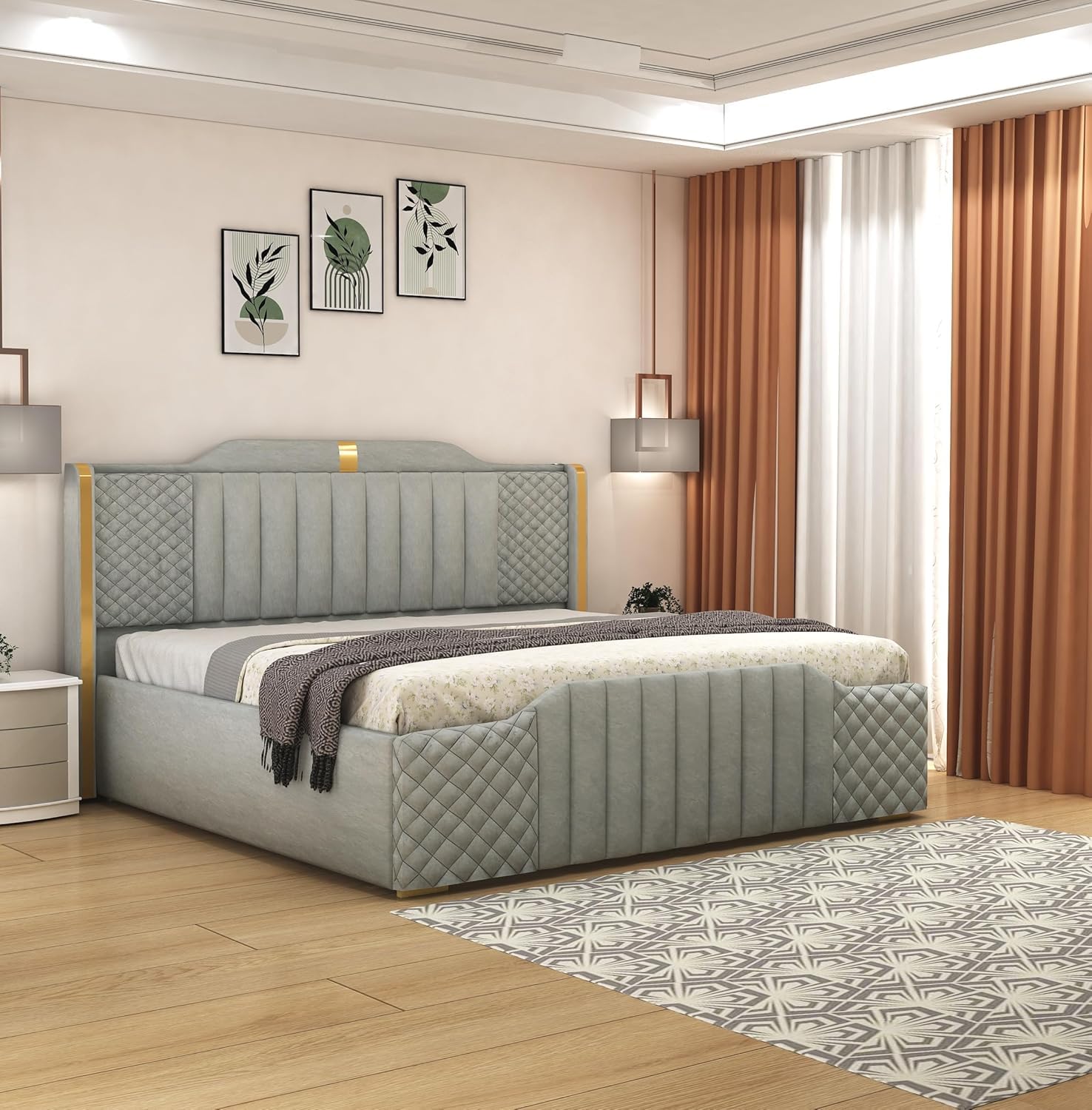 Modern Upholstered King Size Bed with Storage | Double Bed with Box Storage & Upholstery Premium Fabric Headboard | Platform Bed for Bedroom & Hotel | Sheesham Wood, Grey, 6.5 x 6 Ft-image-33