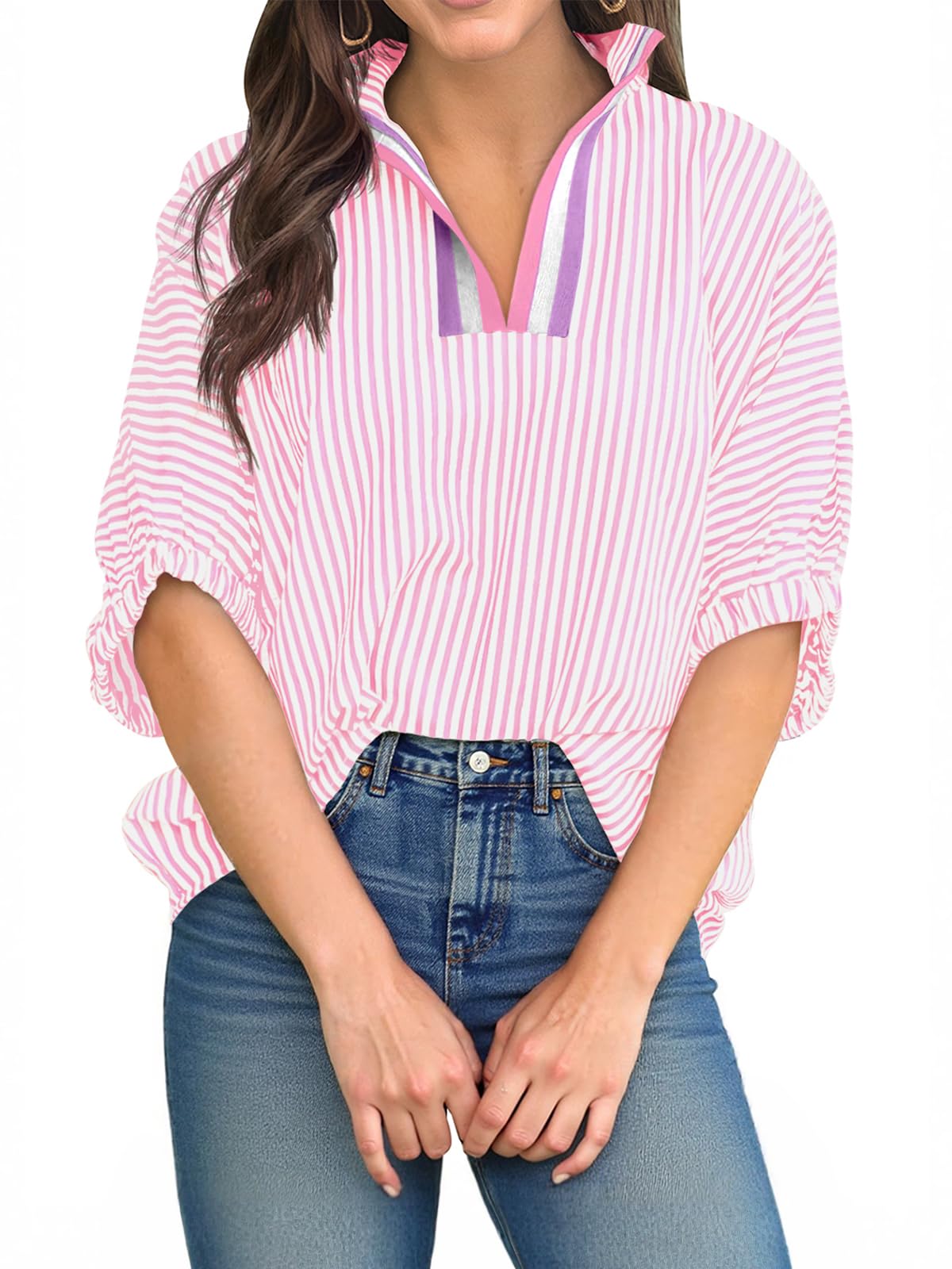 Womens V Neck Striped Polo Shirts Dolman Puff Sleeve Summer Tops