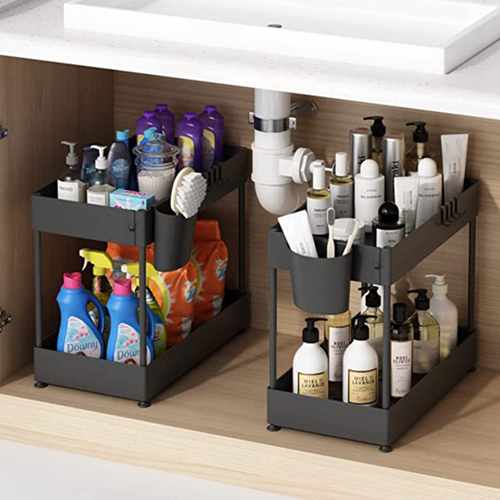 Organizador de Almacenamiento para Debajo del Fregadero, Organizador de Armario de Cocina y Cesta de Almacenamiento con Ganchos, 2 Niveles para Organizador de baño y Cocina