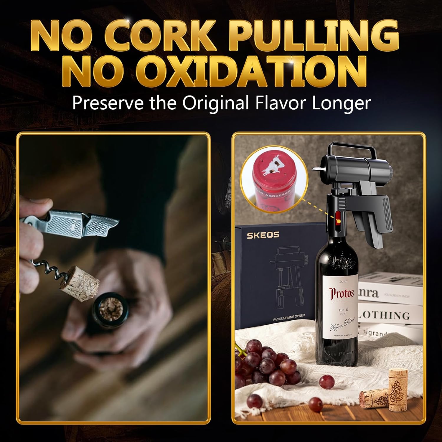 SKEOS Electric Wine Opener, Needle Piercing Vacuum Wine Bottle Opener for Smooth Extraction, No Cork Damage, Vacuum Seal Freshness, Perfect for Wine Lovers, Black