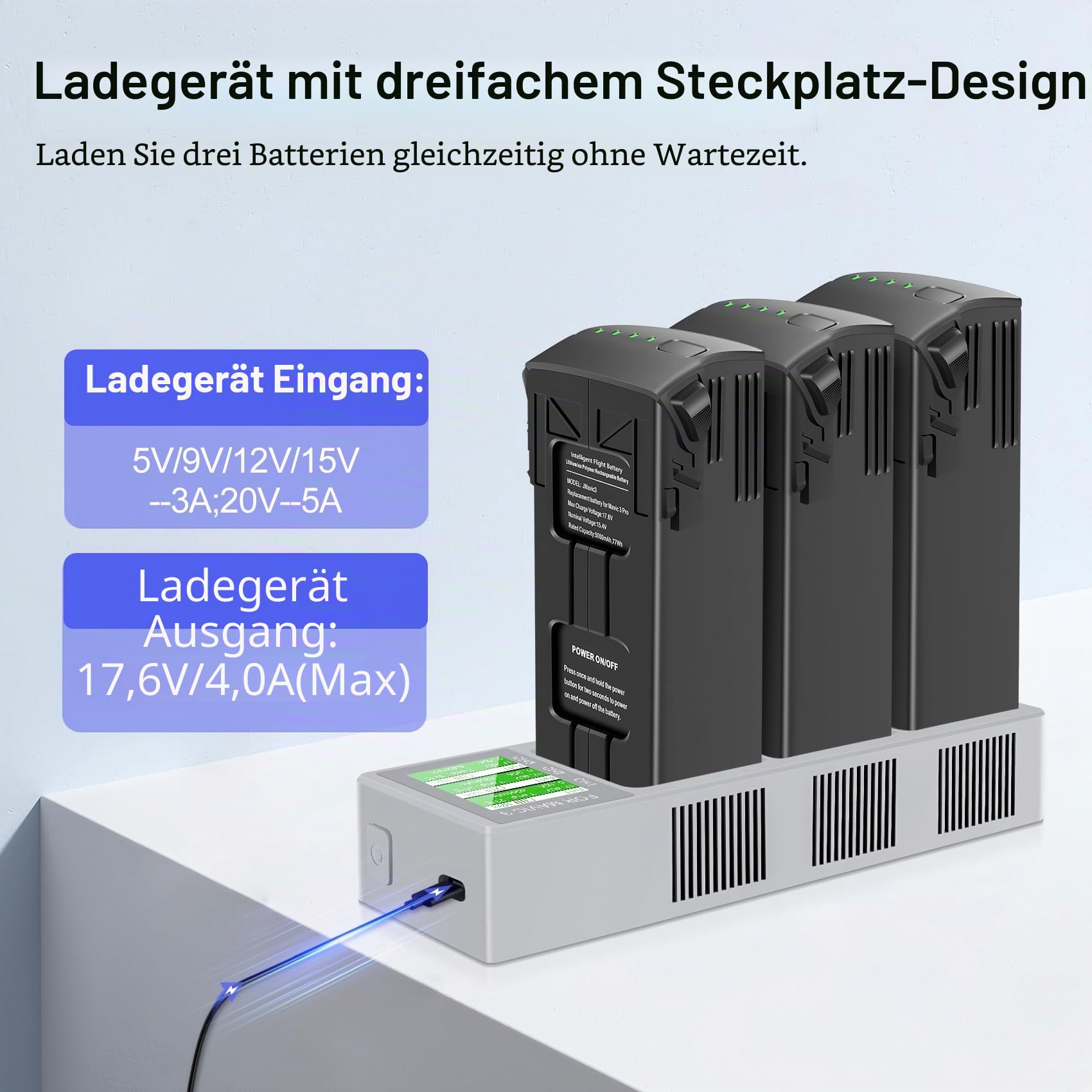 Mavic 3 Serie Flight Akku Ladegerät 1 Stück Zweiwege Dreikanal Mavic 3 Akku-Ladehub mit LCD-Anzeige Kompatibel mit DJI Mavic 3/3 Pro,Mavic 3/3 Pro Cine,Mavic 3 Classic,Mavic 3 Enterprise Serie