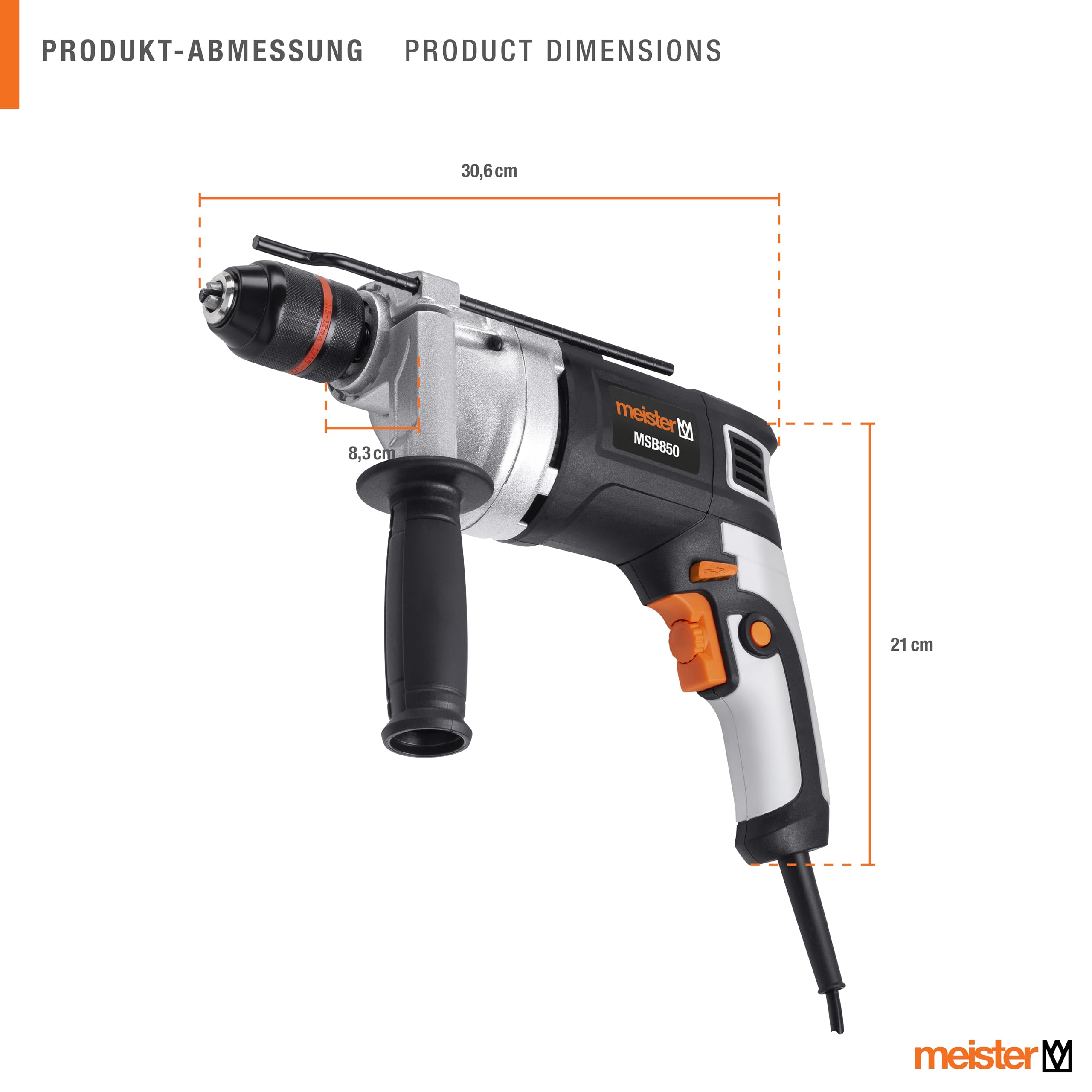 Meister Trapano a percussione 850 W, MSB850 – Mandrino a sgancio rapido – Preselezione della velocità – Impugnatura aggiuntiva & arresto di profondità/martello/trapano/trapano a percussione per legno,