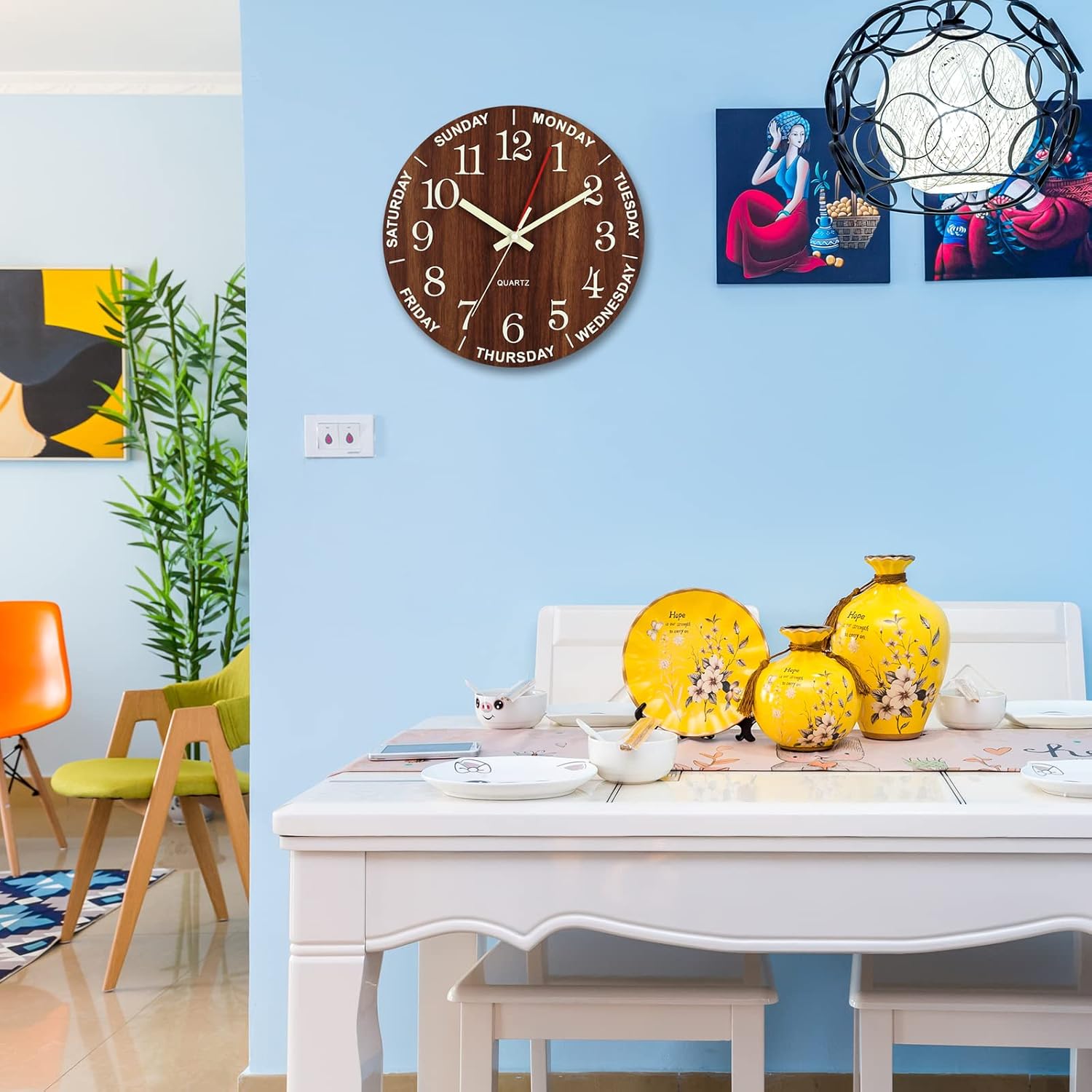 Wall Clock 10 Inch Brown Weekly Wall Clock Silent Battery Operated Luminous Hands Retirement Elderly Wooden Glow in The Dark Clock