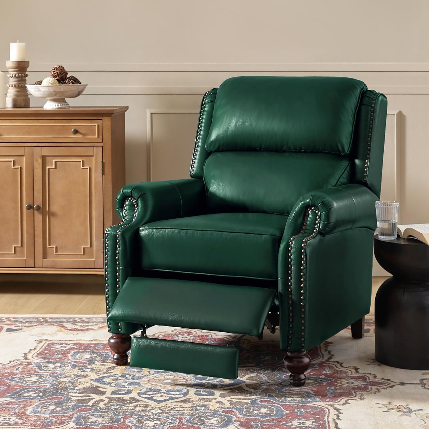 HULALA HOME Genuine Leather Wingback Recliner Chairs Set of 2 with Thick Cushioned Seat, Traditional Push Back Leather Recliner with Nailhead Trim, Green