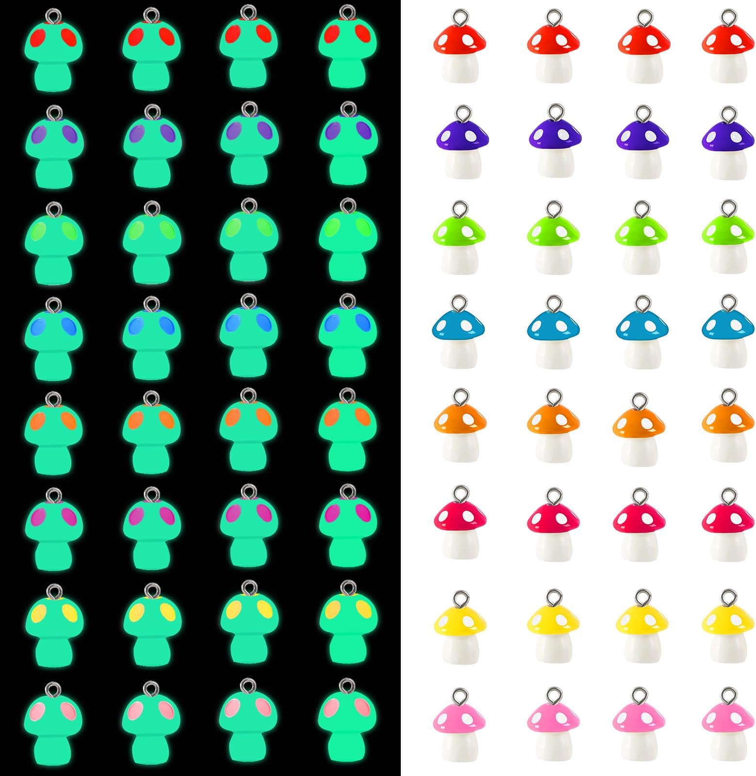 Augshy Mushroom Charms, 64 Pcs Mushroom Resin Charm Beads Ornament Glow in The Dark Pendant for DIY Bracelet Necklace Jewelry Making