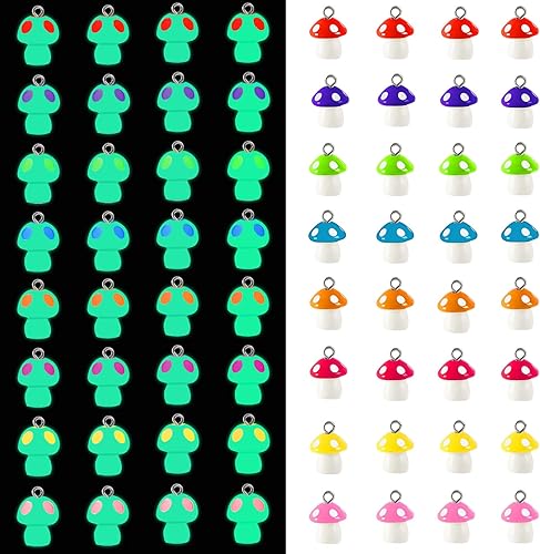 Augshy Dijes de hongos, 64 piezas de cuentas de resina de hongo, adorno que brilla en la oscuridad, colgante para hacer pulseras, collares, joyas