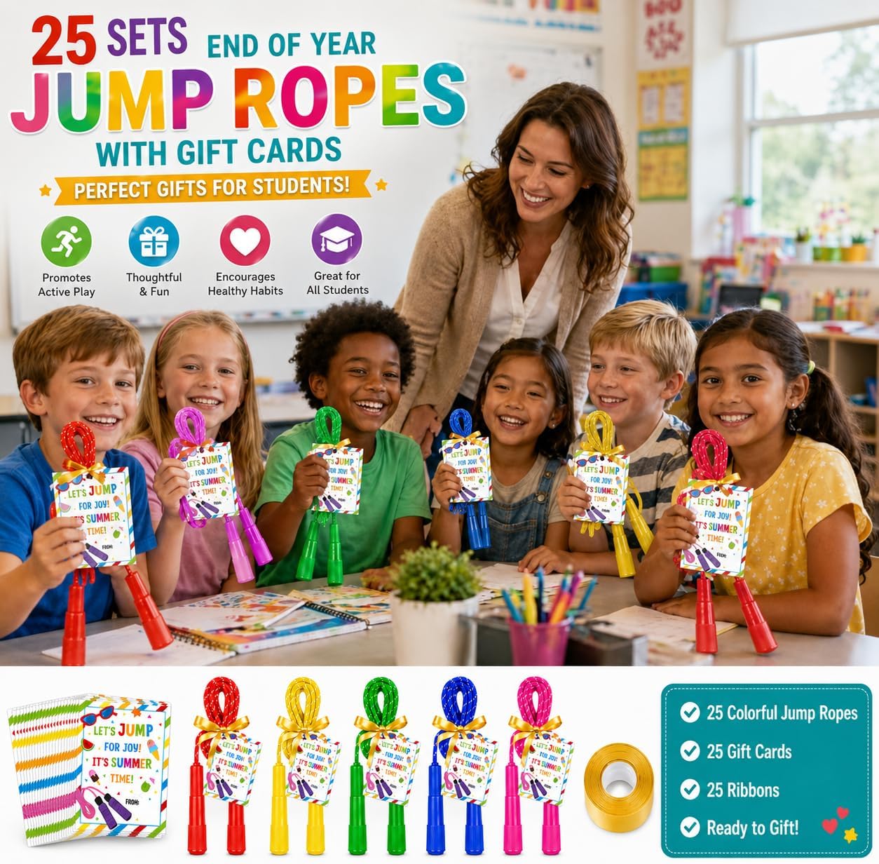 25 Set Jump Ropes for End of Year Student Gifts – 7.7ft Rainbow Adjustable Skipping Ropes Bulk with Cards for Teachers, Students, School Parties & Outdoor Activities