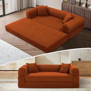 KBQ 3-Seat Convertible Sleeper Sofa Bed with 2 Pillows, Corduroy Folding Mattress Couch, Floor Sofa Lounge Couch for Living Room Bedroom Lounge Studio, Orange