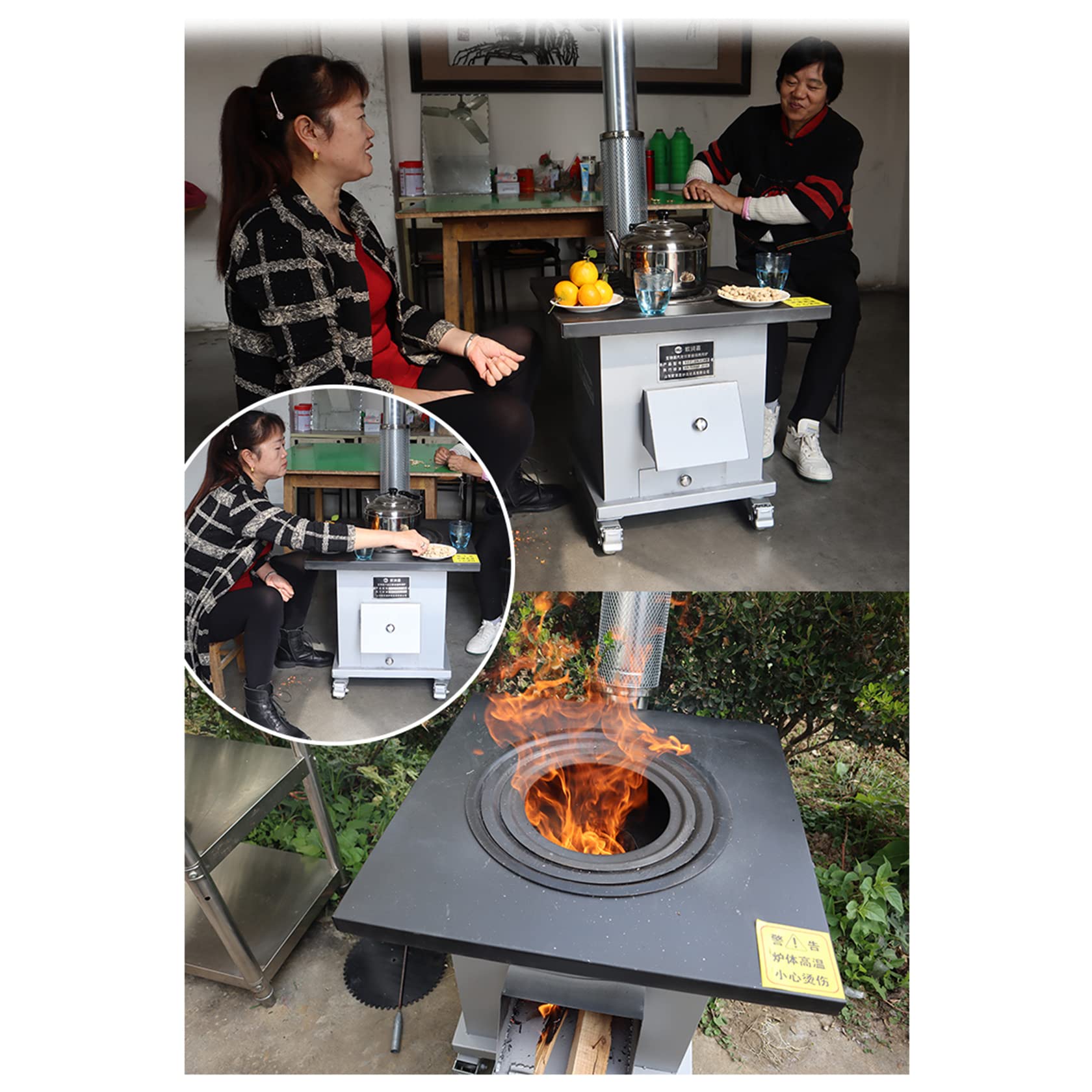 Stufa A Legna A Gassificazione A Risparmio Energetico, Stufa A Legna Senza Fumo, Stufa Riscaldante Multifunzionale, con Camino, Rete Antiscottatura E Padella in Ferro Fatta A Mano,60CM
