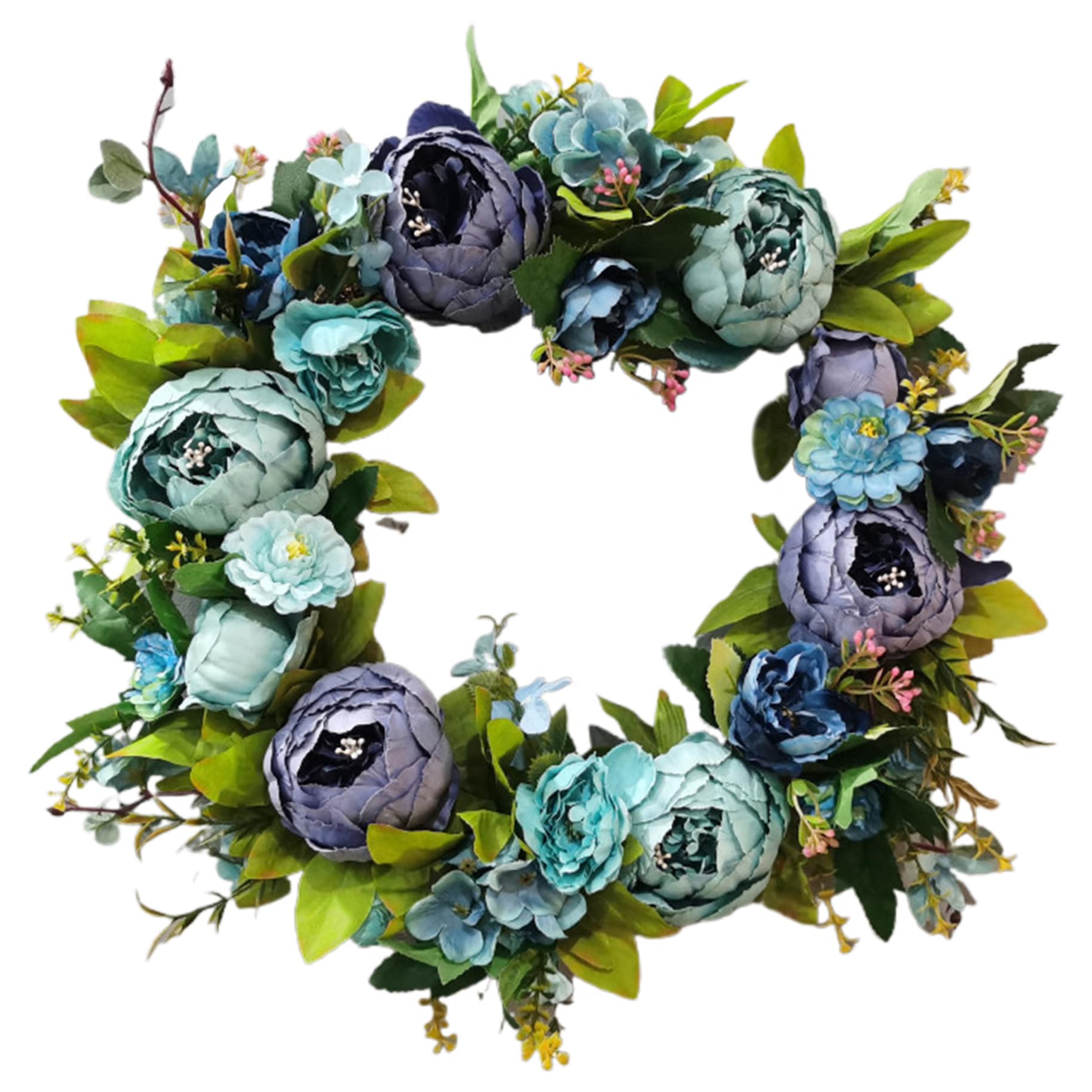 Yililay Spring Wreaths For Front Door 16'' Peony Wreath Artificial Flower Wreath Decorative Floral Wreath Garland for Wedding Birthday Living Room Decor Blue, Floral Wreath