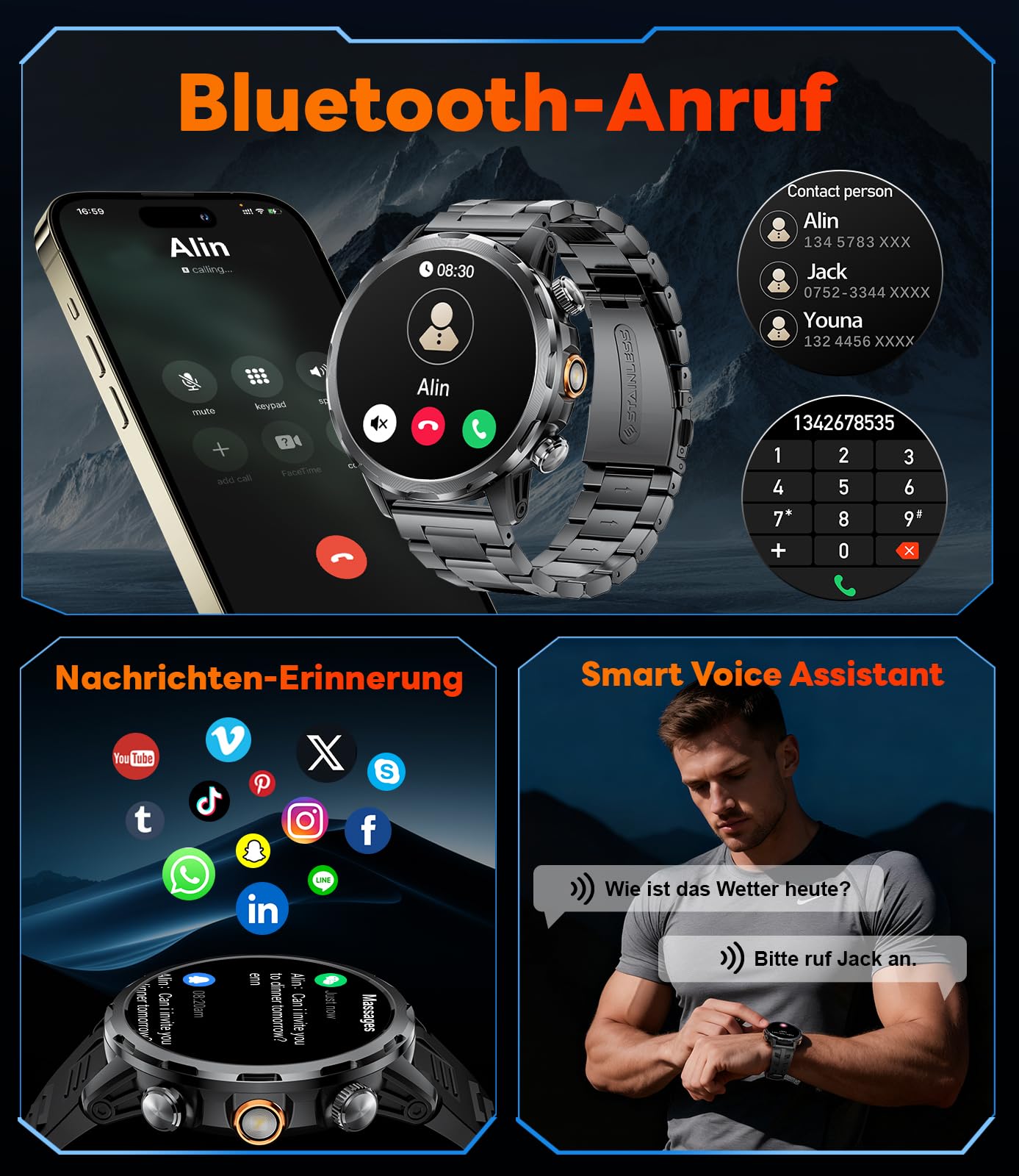 LIGE 1000mAh Großer Akku Smartwatch Herren Militär, 1,85” Sportuhr mit Telefonfunktion,LED Taschenlampe Fitnessuhr mit 100+ Sportmodi, IP68,Herzfrequenz,Schlafmonitor,iOS/Android,2 Armbändern,Schwarz