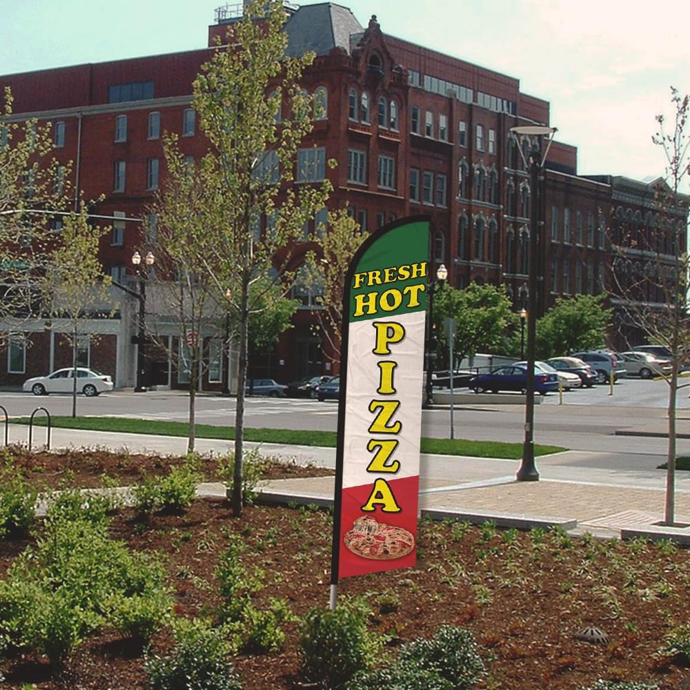 Infinity Republic - Fresh Hot Pizza Windless Full Sleeve Banner Swooper Flag & Pole Kit - Perfect for Restaurants, Diners, Food Trucks, Markets etc!