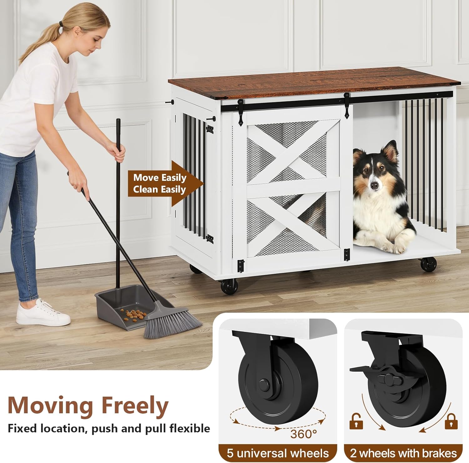 48 Inch Large Dog Crate, Wood Dog Crate Furniture with Wheels, Flip-Top Feeding Door, Removable Divider, Chew-Resistant End Table Dog Crate for Large Dogs, Farmhouse with Sliding Barn Door