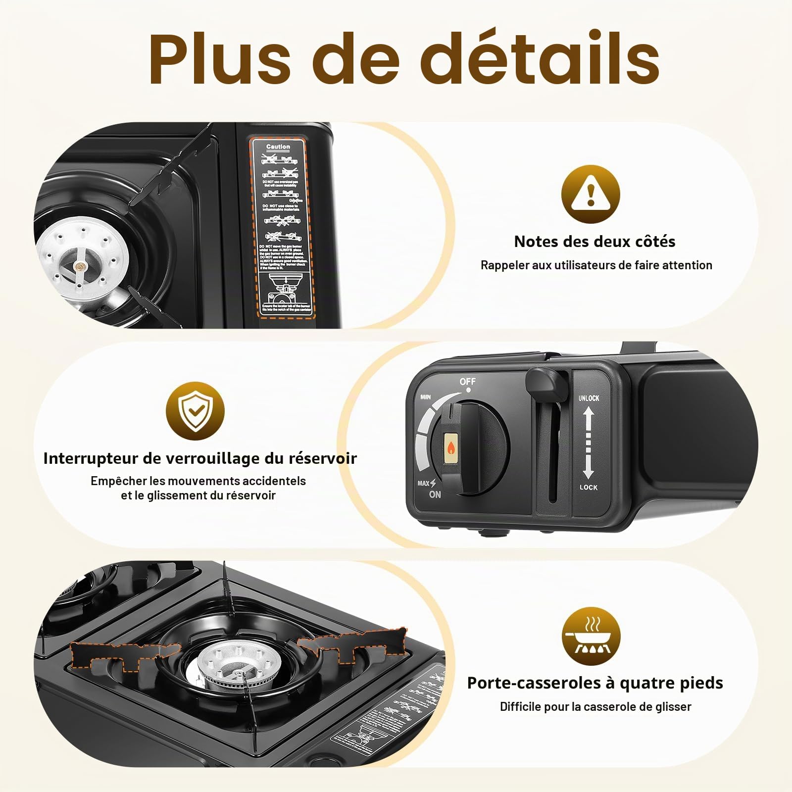 Réchaud à gaz portable d'extérieur à 2 feux avec plaque de cuisson | 50 % d'efficacité thermique et plaque de cuisson lavable au lave-vaisselle (43,5 x 25 cm) pour camping/balcon avec soupape de