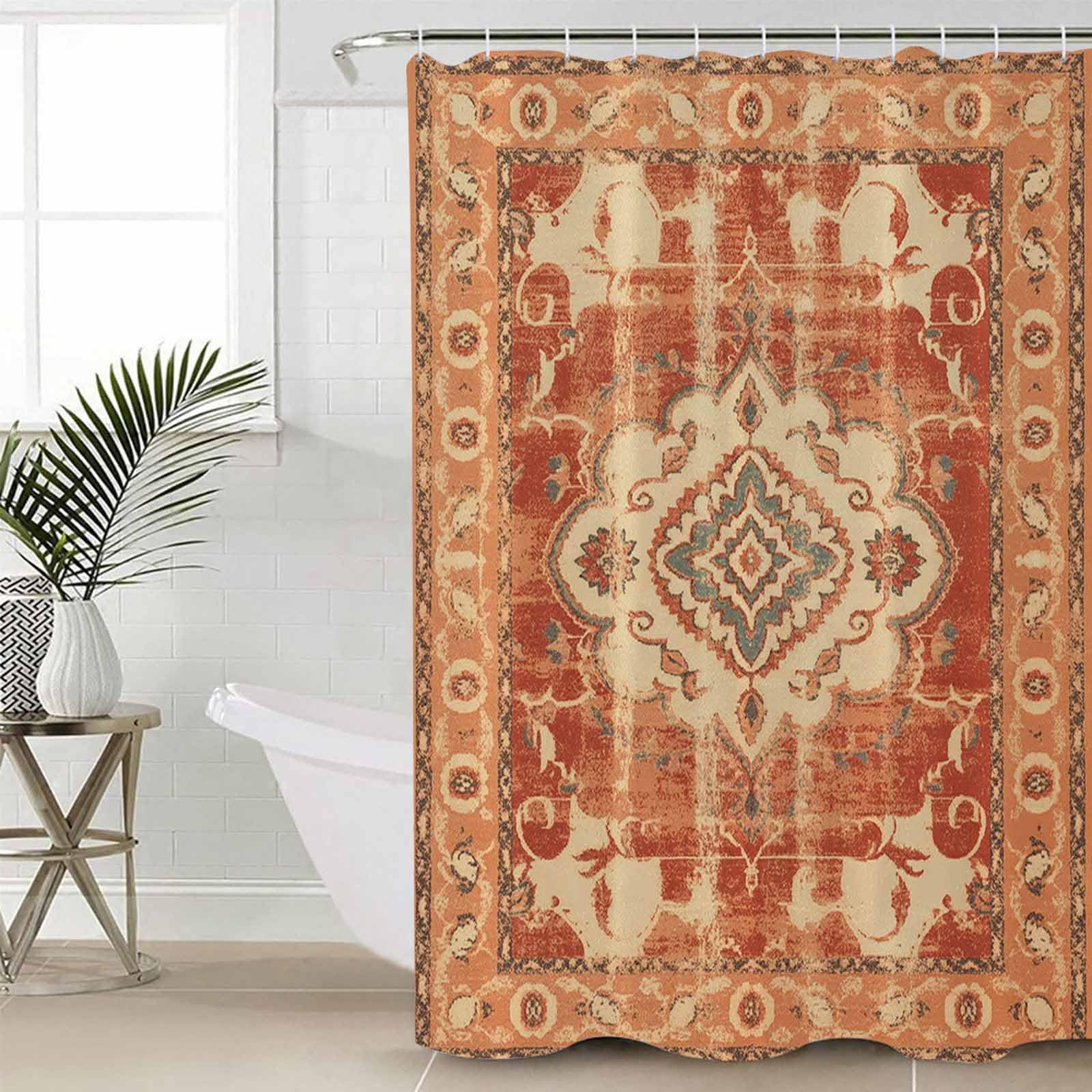 Southwestern Orange Shower Curtain Set with Hook 48"x72",Retro Boho Antique Geometric Tribal Patterns Washable Cloth Polyester Fabric Shower+Curtain,