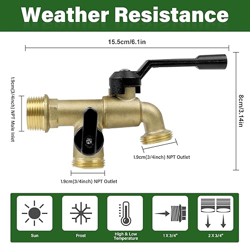 Miniatura 3 de Grifo de agua de jardín al aire libre con doble salida, grifo de agua de jardín montado en la pared exterior con dos válvulas de bola de latón de 34