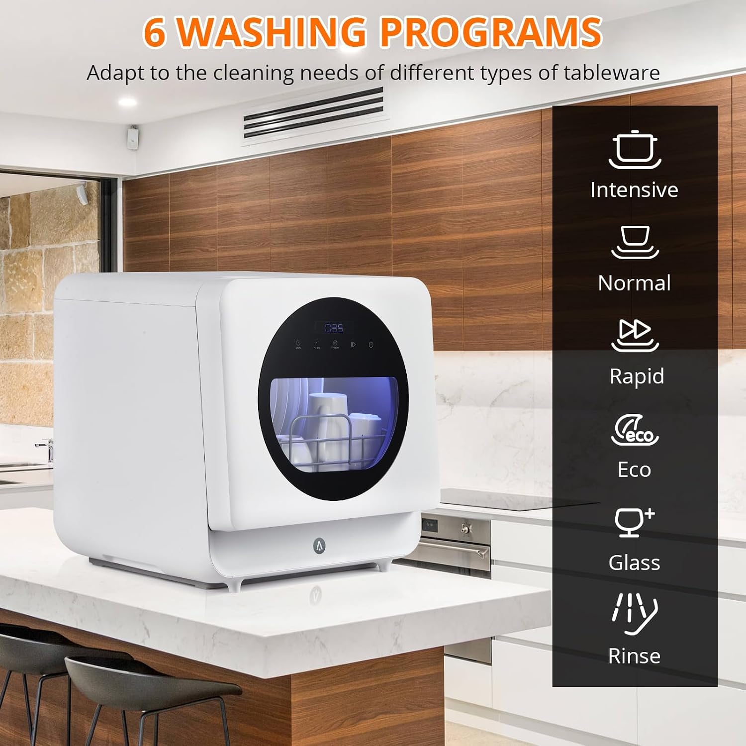 Countertop Dishwasher Portable with 6 Cleaning Modes, 2 Mode Water Inlet, 162℉ High-Temp & Air-Dry Function, Smart Compact Dishwasher for Modern Apartments, Dorms