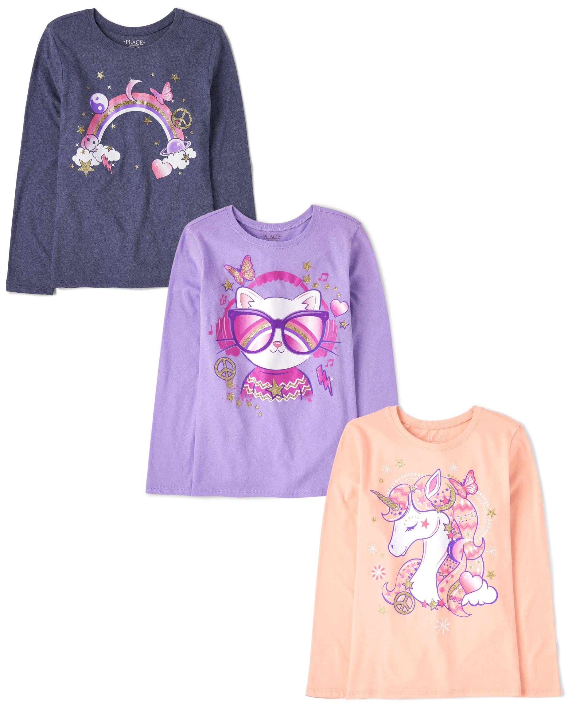 Girls Unicorns,Sports,Butterflies Long Sleeve Graphic T-Shirts,3 Pack