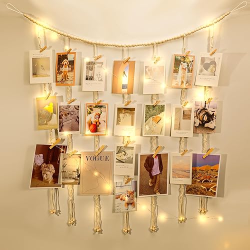 Macramé colgante de fotos decoración de pared bohemia, soporte para tarjetas de Navidad con cadena de luces, colgador de fotos con 50 clips para