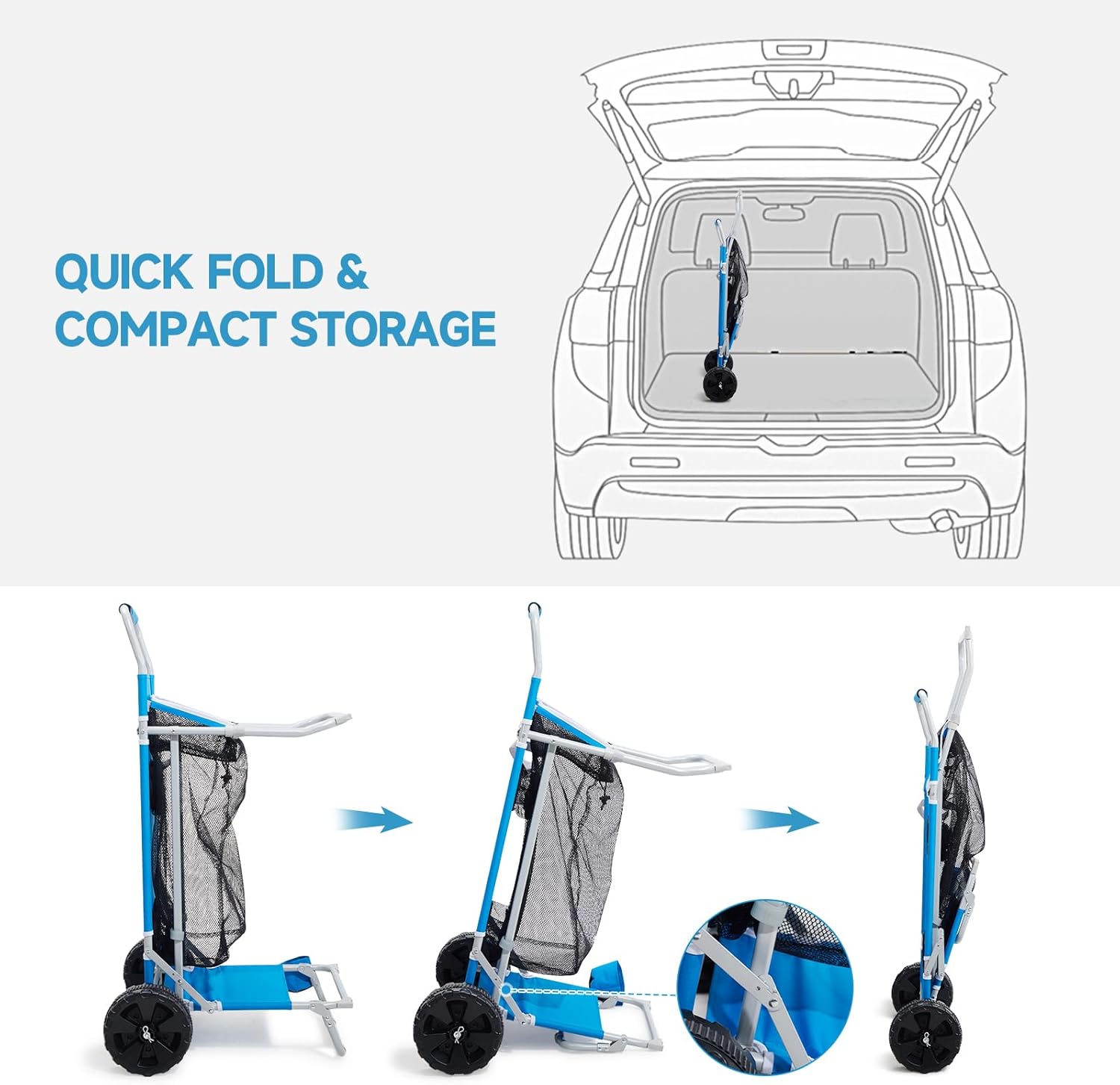 2-in-1 Beach Cart with Big Wheels for Sand, Folding Utility Wagon with Chair Holder, Cooler Bag, Mesh Storage, 4 Cup Holders, Umbrella Rack, Supports 100 lbs, Ideal for Beach Camping Shopping